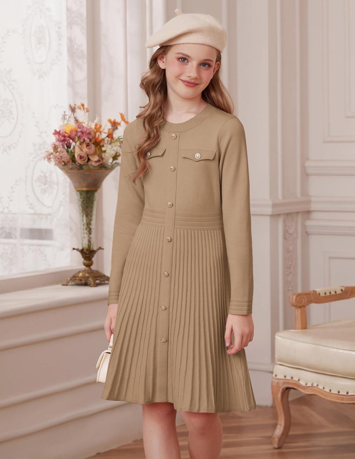 imageGRACE KARIN Girls Sweater Fall Dress Long Sleeve Knit Button Front Pleated ALine Casual Winter Midi Dresses 514YCamel