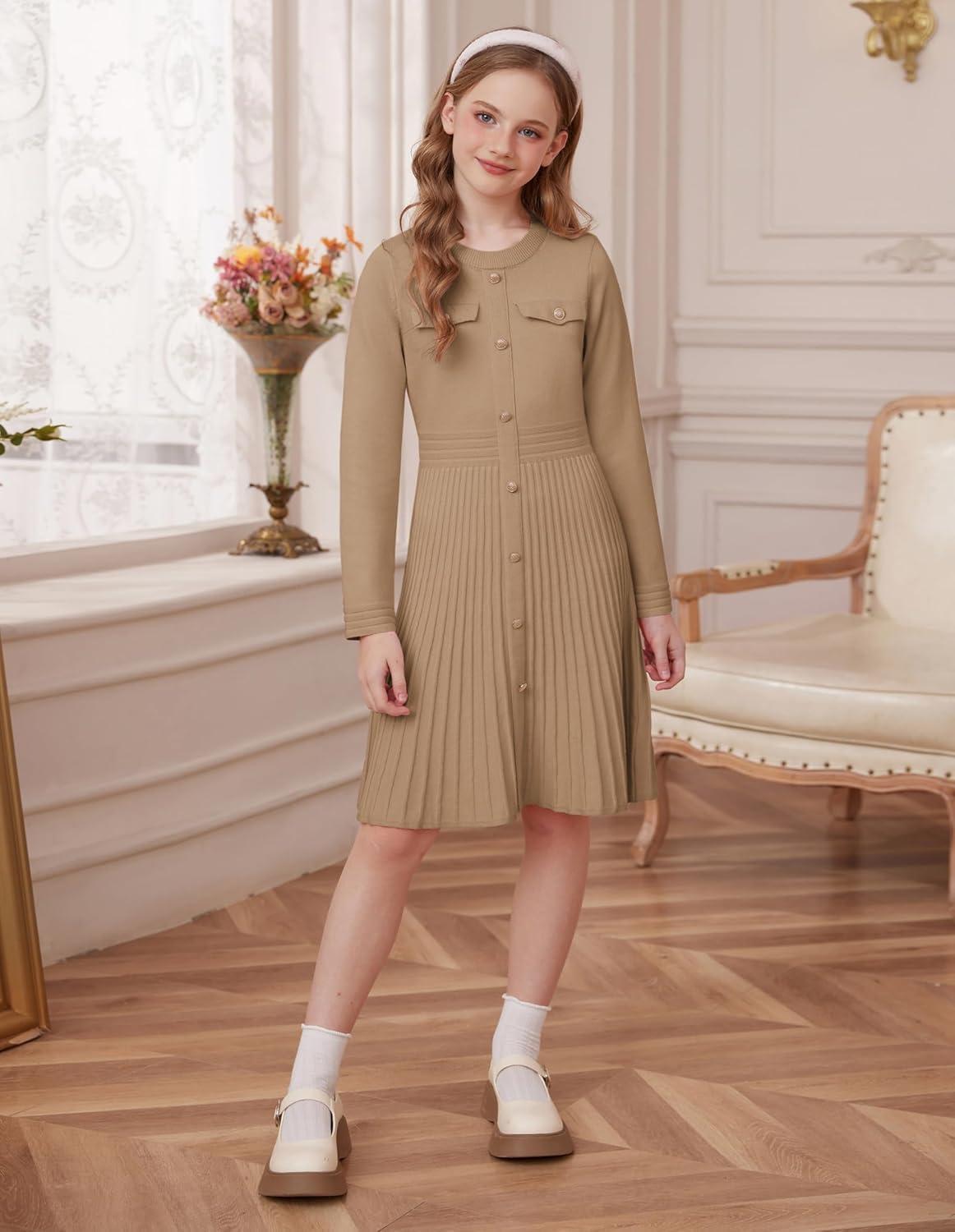 imageGRACE KARIN Girls Sweater Fall Dress Long Sleeve Knit Button Front Pleated ALine Casual Winter Midi Dresses 514YCamel