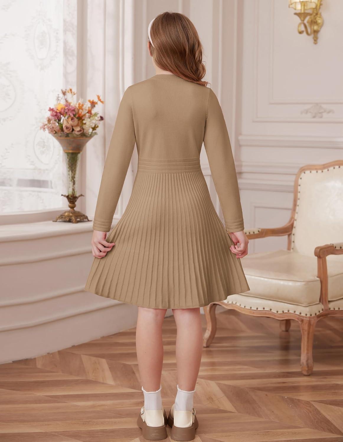 imageGRACE KARIN Girls Sweater Fall Dress Long Sleeve Knit Button Front Pleated ALine Casual Winter Midi Dresses 514YCamel