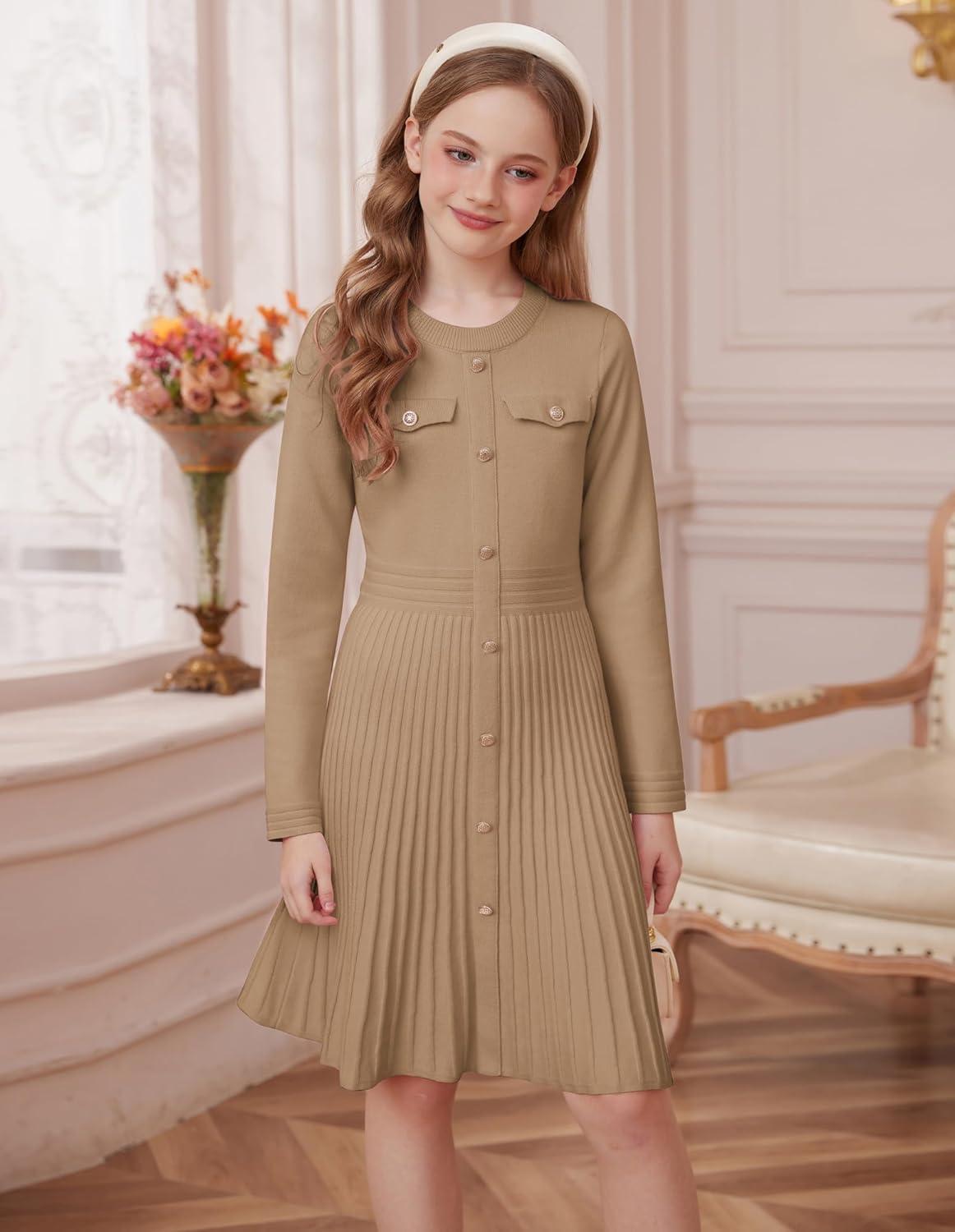 imageGRACE KARIN Girls Sweater Fall Dress Long Sleeve Knit Button Front Pleated ALine Casual Winter Midi Dresses 514YCamel