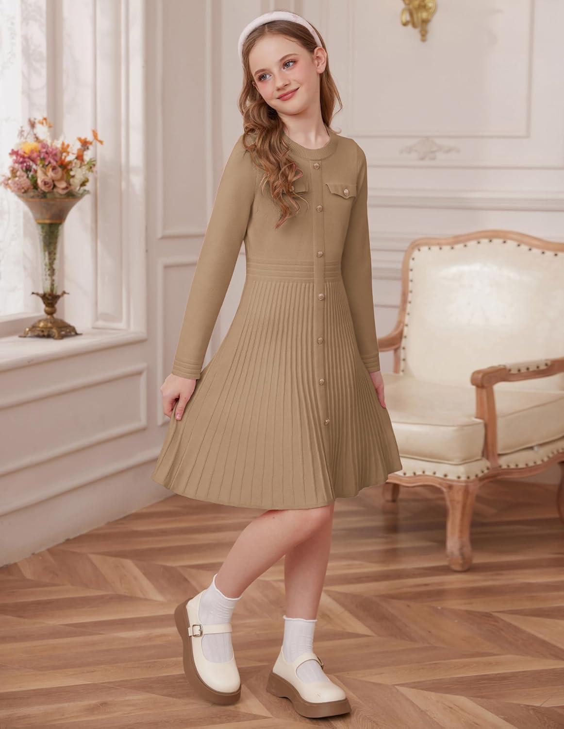 imageGRACE KARIN Girls Sweater Fall Dress Long Sleeve Knit Button Front Pleated ALine Casual Winter Midi Dresses 514YCamel