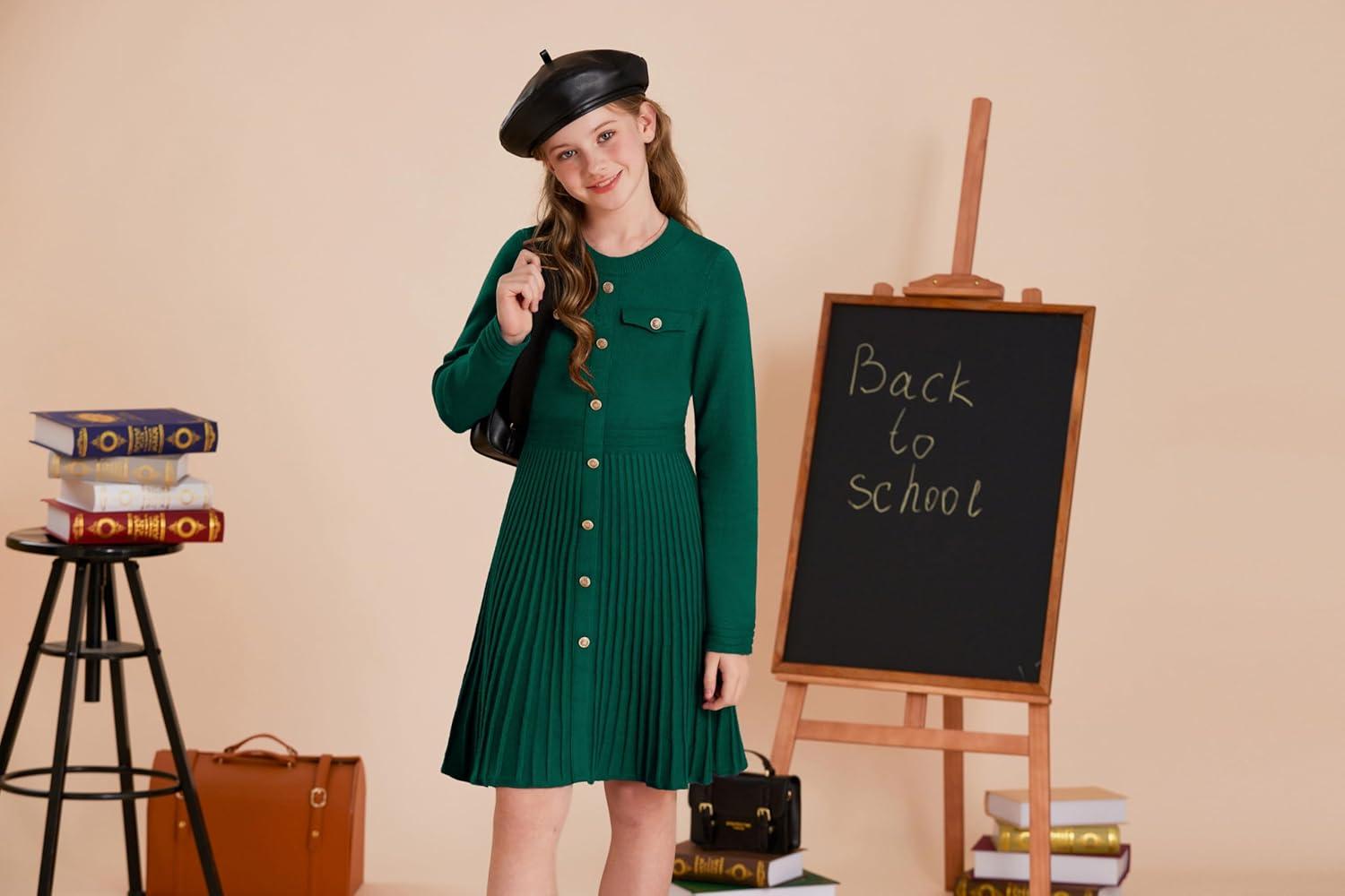 imageGRACE KARIN Girls Sweater Fall Dress Long Sleeve Knit Button Front Pleated ALine Casual Winter Midi Dresses 514YGreen