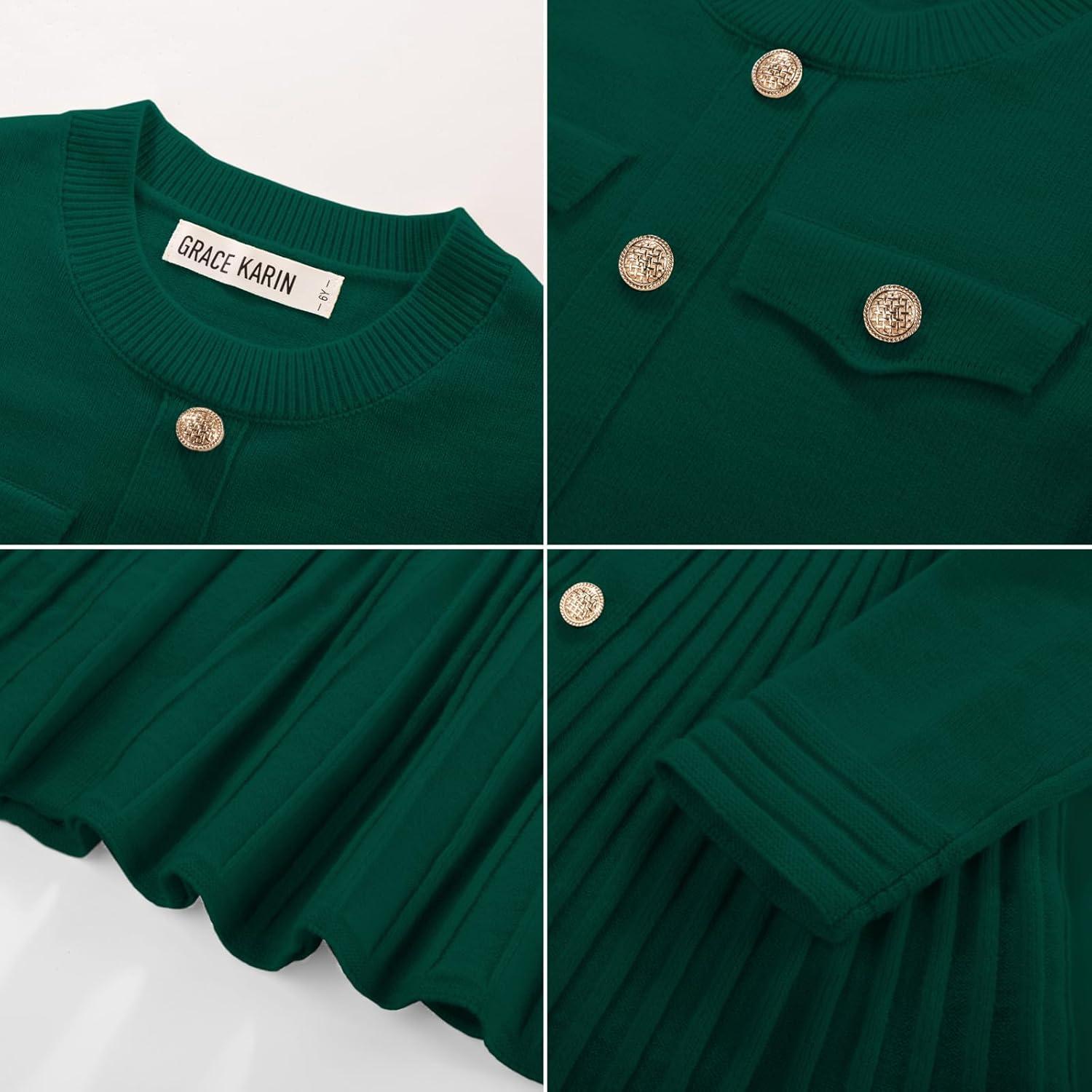 imageGRACE KARIN Girls Sweater Fall Dress Long Sleeve Knit Button Front Pleated ALine Casual Winter Midi Dresses 514YGreen
