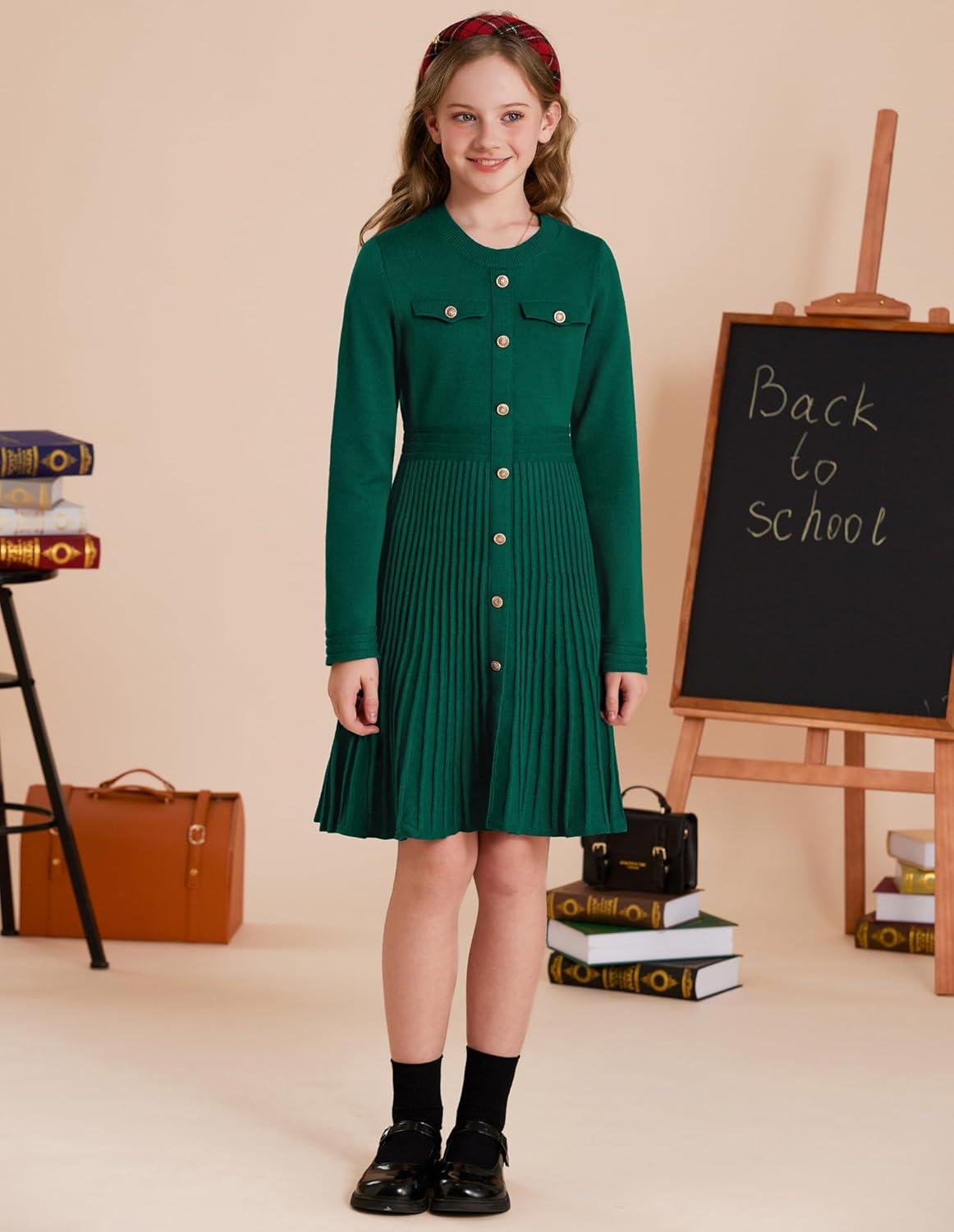 imageGRACE KARIN Girls Sweater Fall Dress Long Sleeve Knit Button Front Pleated ALine Casual Winter Midi Dresses 514YGreen