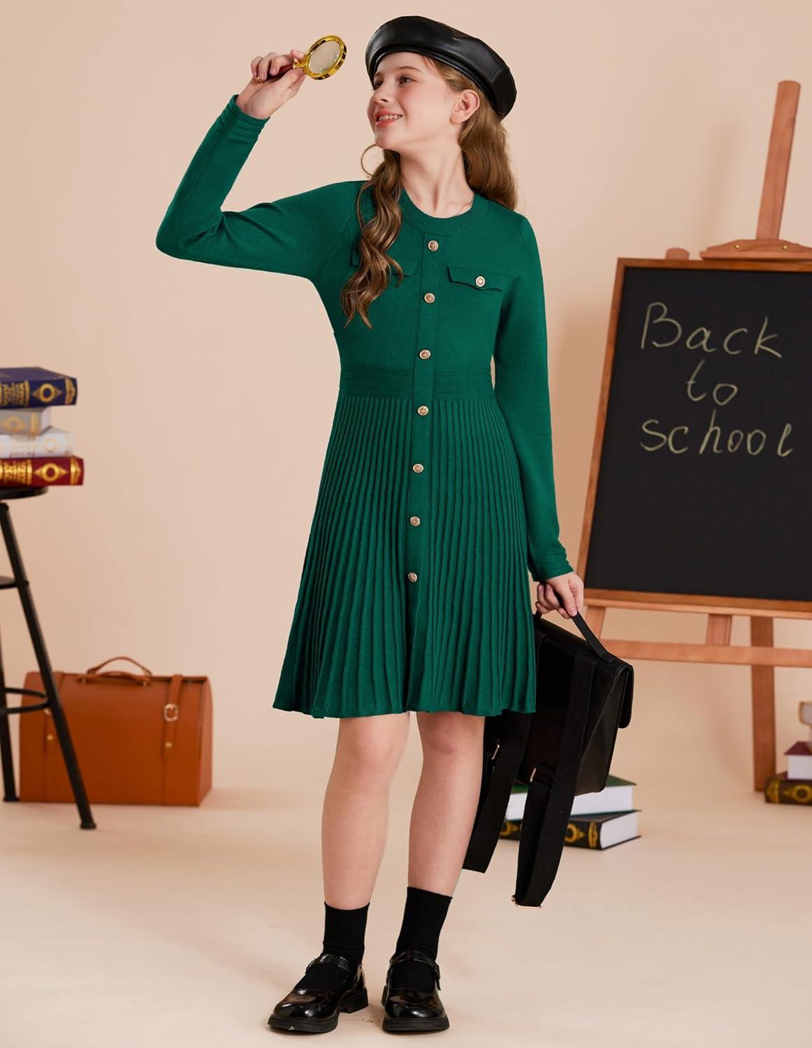 imageGRACE KARIN Girls Sweater Fall Dress Long Sleeve Knit Button Front Pleated ALine Casual Winter Midi Dresses 514YGreen
