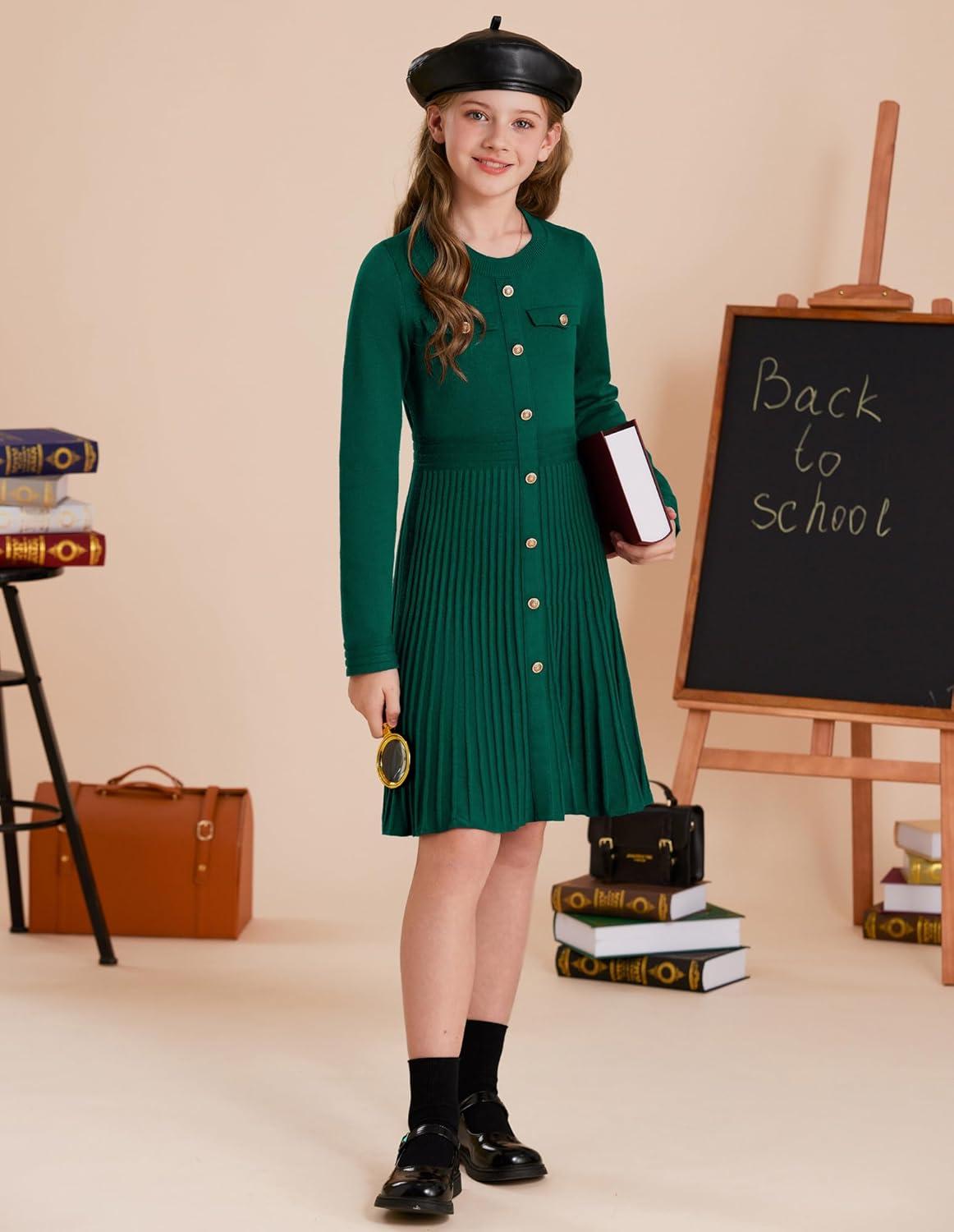 imageGRACE KARIN Girls Sweater Fall Dress Long Sleeve Knit Button Front Pleated ALine Casual Winter Midi Dresses 514YGreen