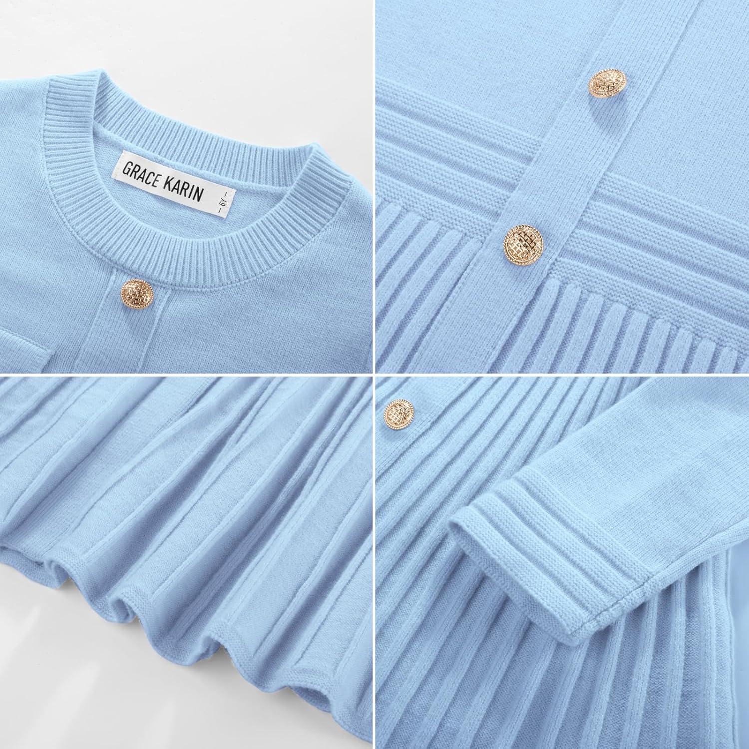 imageGRACE KARIN Girls Sweater Fall Dress Long Sleeve Knit Button Front Pleated ALine Casual Winter Midi Dresses 514YLight Blue
