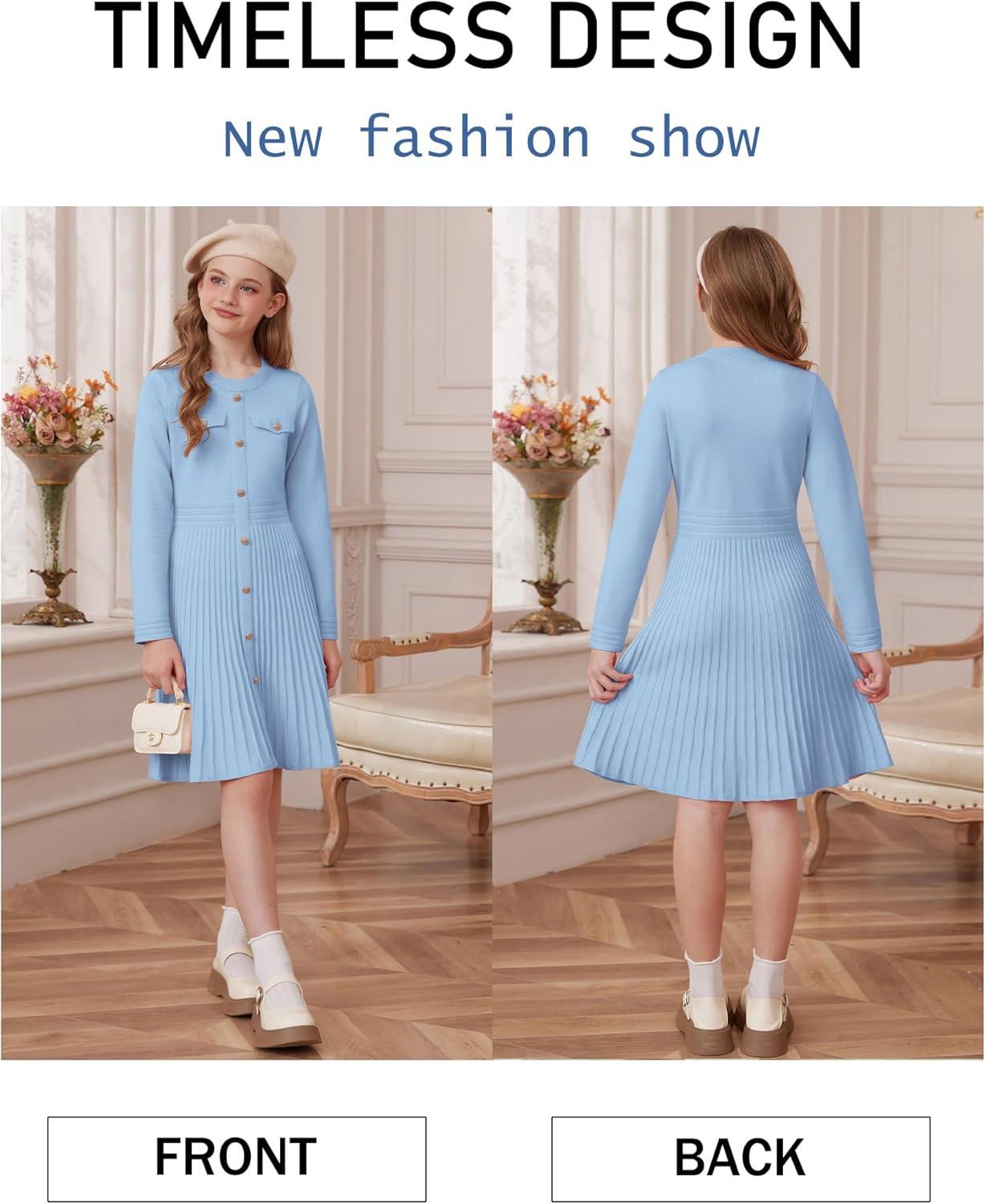imageGRACE KARIN Girls Sweater Fall Dress Long Sleeve Knit Button Front Pleated ALine Casual Winter Midi Dresses 514YLight Blue