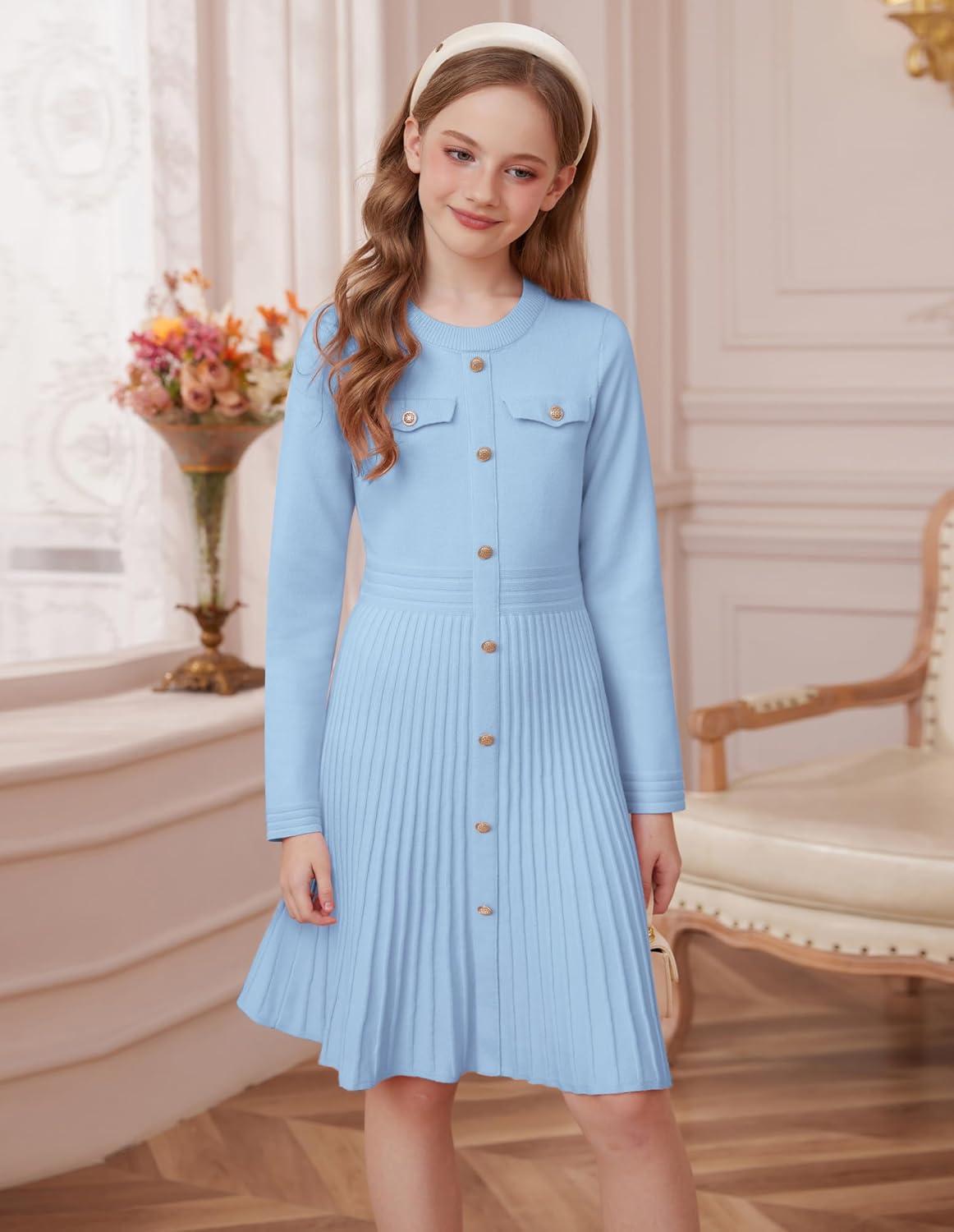imageGRACE KARIN Girls Sweater Fall Dress Long Sleeve Knit Button Front Pleated ALine Casual Winter Midi Dresses 514YLight Blue