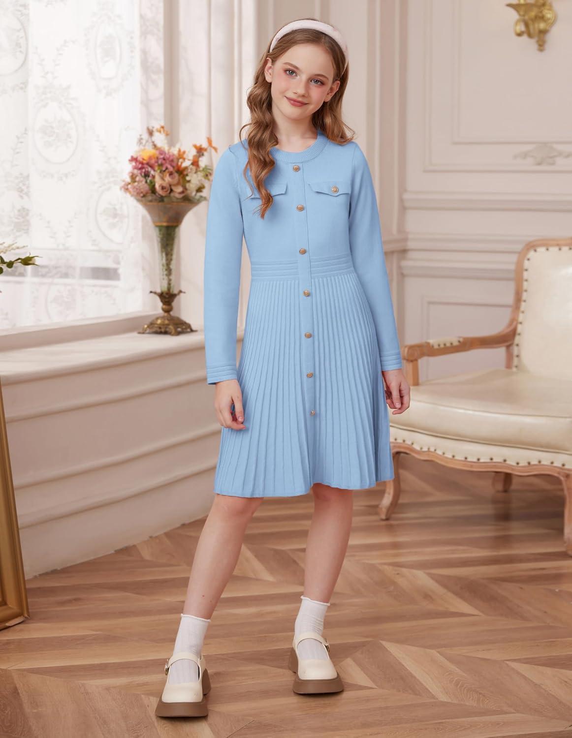 imageGRACE KARIN Girls Sweater Fall Dress Long Sleeve Knit Button Front Pleated ALine Casual Winter Midi Dresses 514YLight Blue