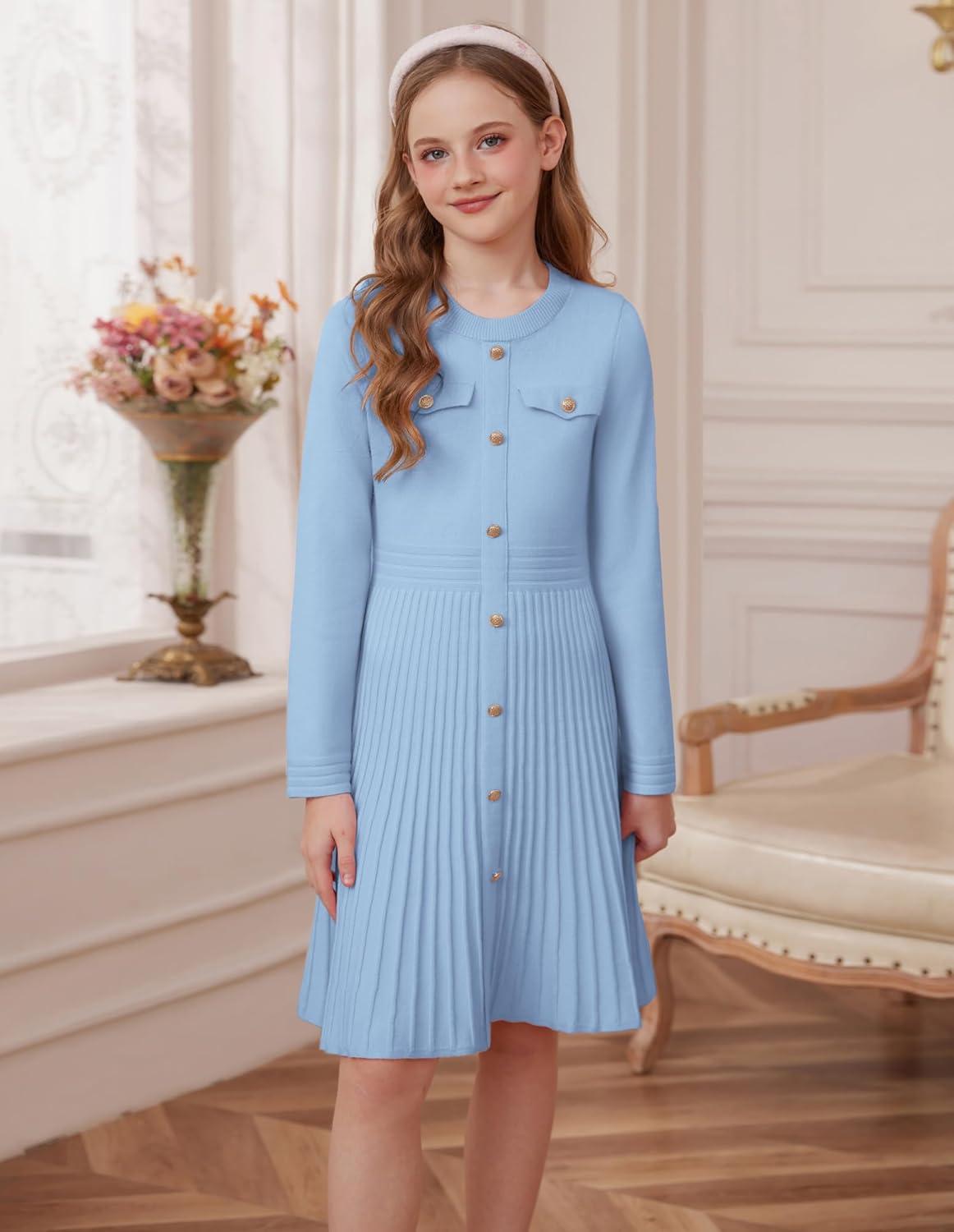 imageGRACE KARIN Girls Sweater Fall Dress Long Sleeve Knit Button Front Pleated ALine Casual Winter Midi Dresses 514YLight Blue