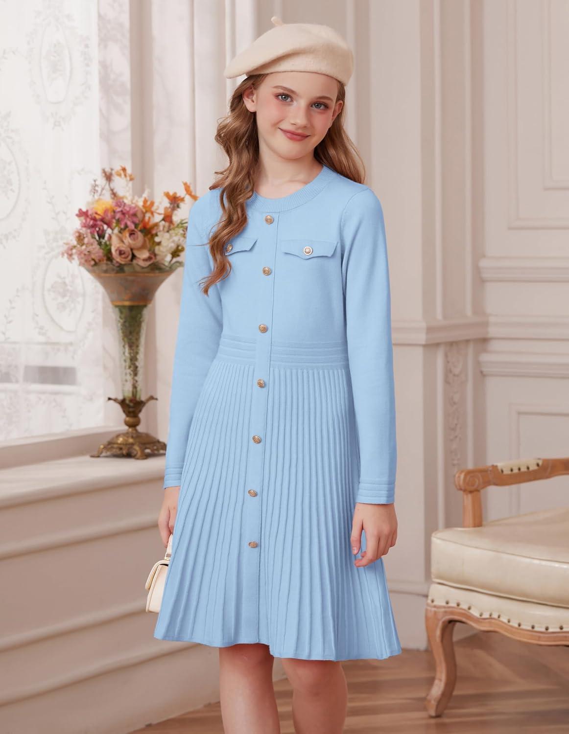 imageGRACE KARIN Girls Sweater Fall Dress Long Sleeve Knit Button Front Pleated ALine Casual Winter Midi Dresses 514YLight Blue
