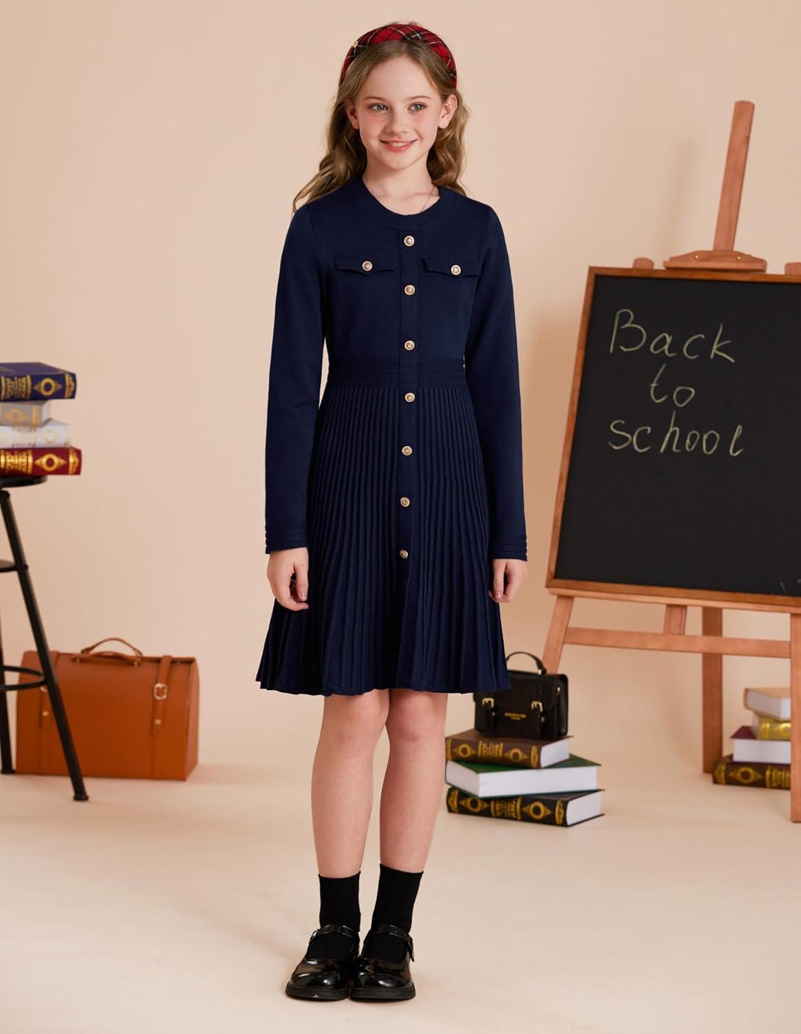 imageGRACE KARIN Girls Sweater Fall Dress Long Sleeve Knit Button Front Pleated ALine Casual Winter Midi Dresses 514YNavy Blue