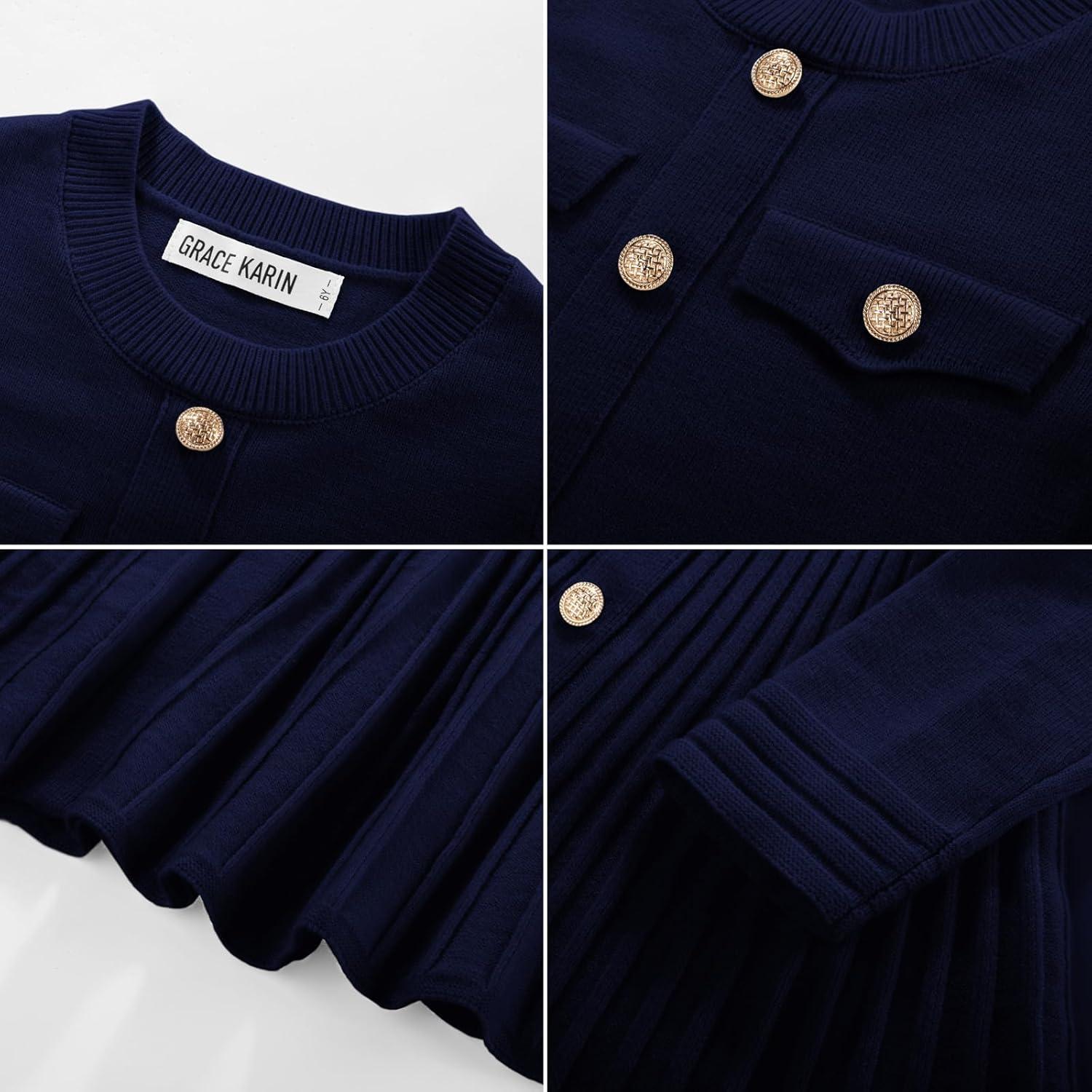 imageGRACE KARIN Girls Sweater Fall Dress Long Sleeve Knit Button Front Pleated ALine Casual Winter Midi Dresses 514YNavy Blue