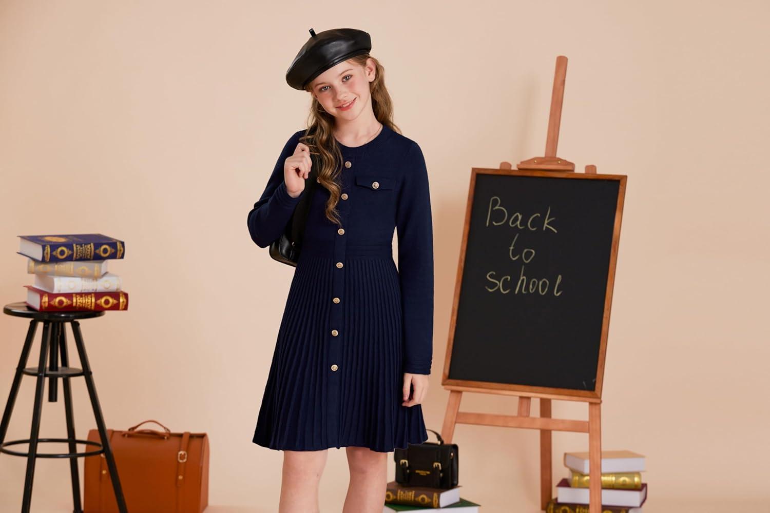 imageGRACE KARIN Girls Sweater Fall Dress Long Sleeve Knit Button Front Pleated ALine Casual Winter Midi Dresses 514YNavy Blue