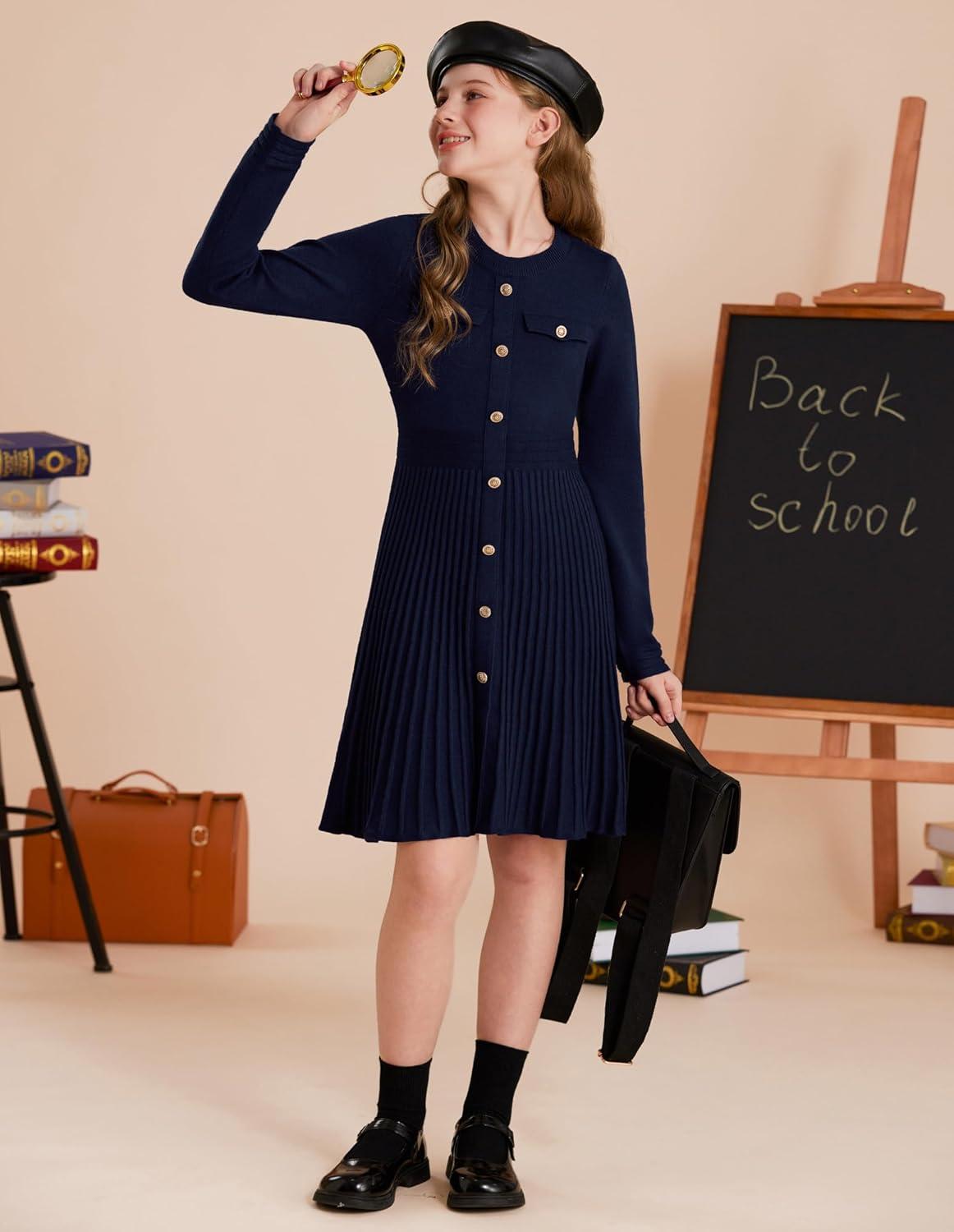 imageGRACE KARIN Girls Sweater Fall Dress Long Sleeve Knit Button Front Pleated ALine Casual Winter Midi Dresses 514YNavy Blue
