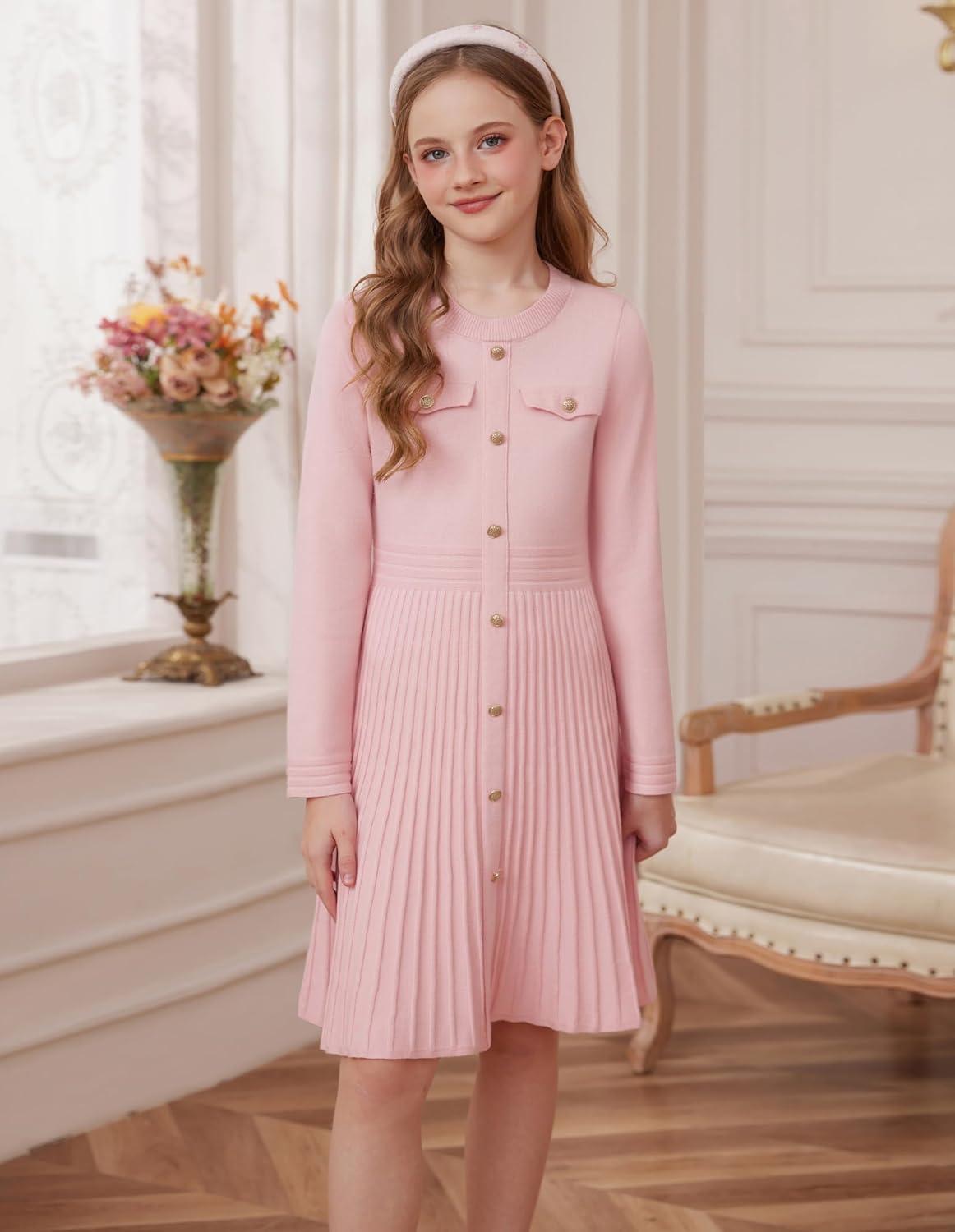 imageGRACE KARIN Girls Sweater Fall Dress Long Sleeve Knit Button Front Pleated ALine Casual Winter Midi Dresses 514YPink
