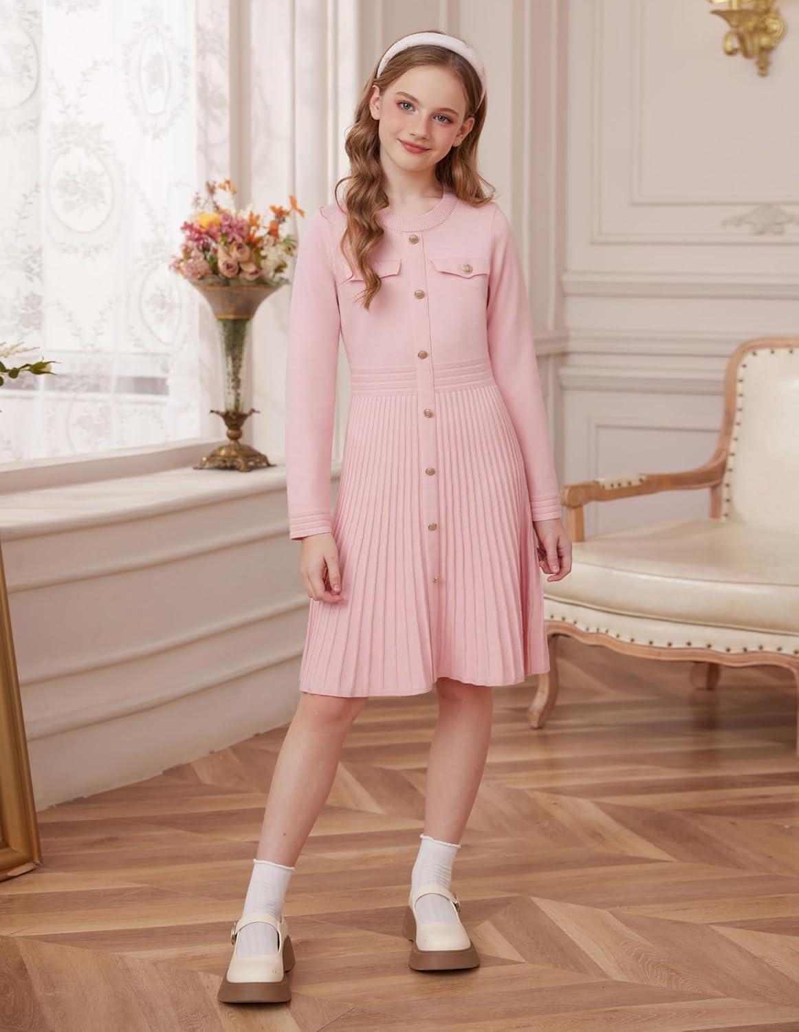 imageGRACE KARIN Girls Sweater Fall Dress Long Sleeve Knit Button Front Pleated ALine Casual Winter Midi Dresses 514YPink