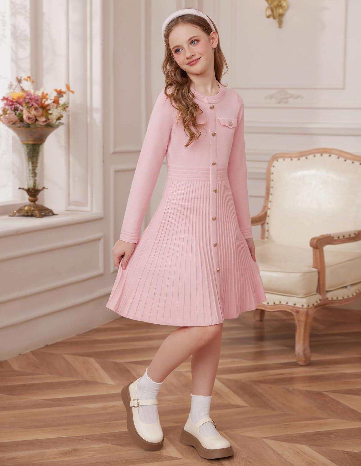 imageGRACE KARIN Girls Sweater Fall Dress Long Sleeve Knit Button Front Pleated ALine Casual Winter Midi Dresses 514YPink