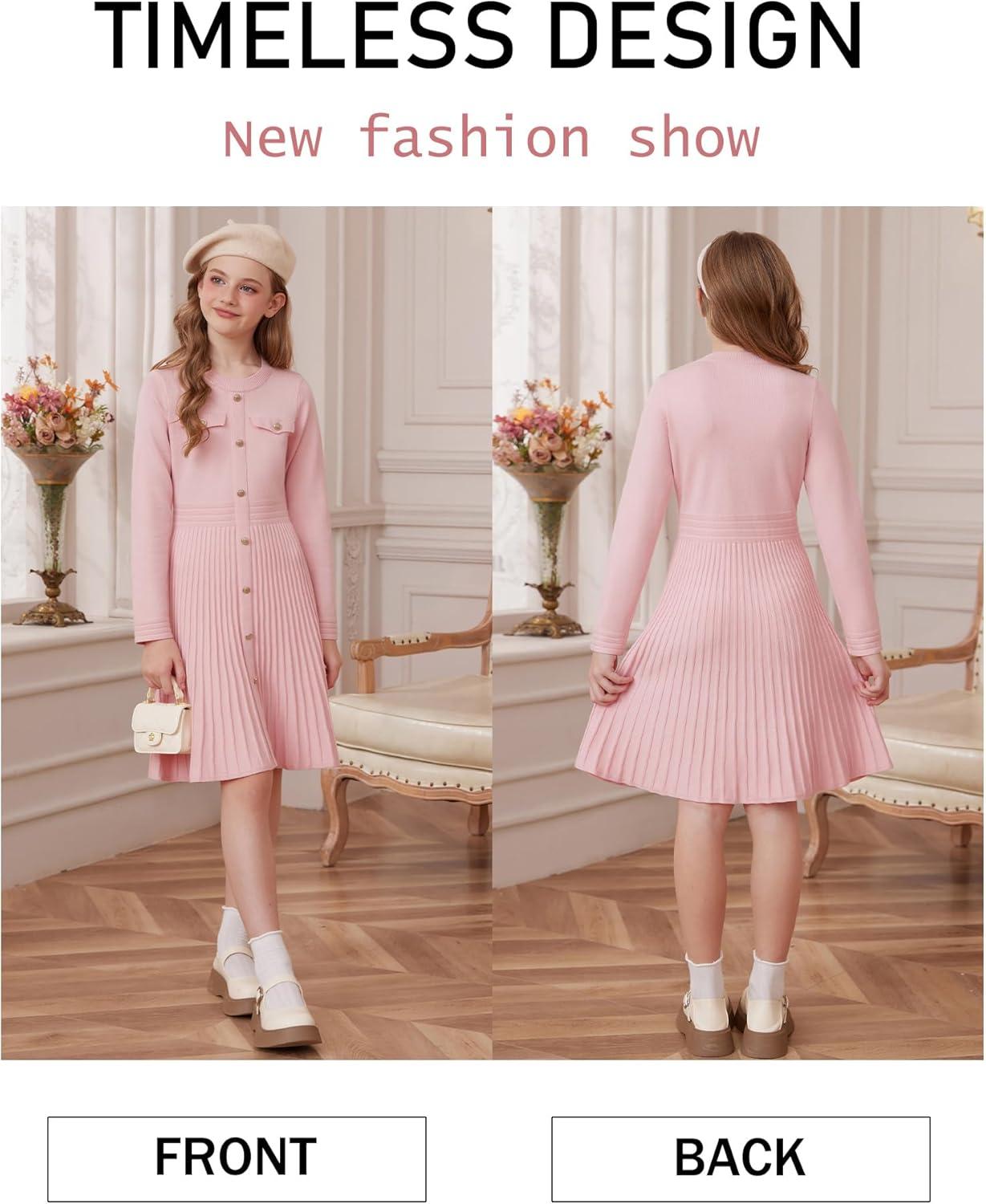 imageGRACE KARIN Girls Sweater Fall Dress Long Sleeve Knit Button Front Pleated ALine Casual Winter Midi Dresses 514YPink