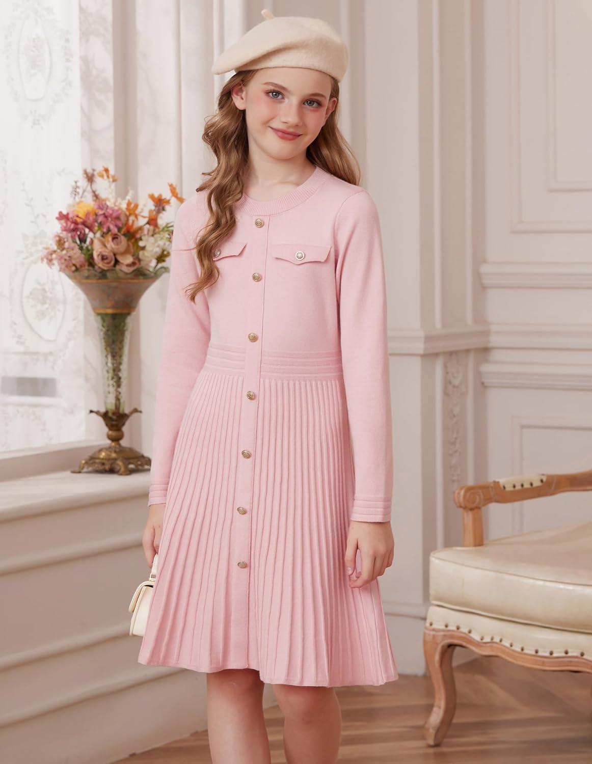 imageGRACE KARIN Girls Sweater Fall Dress Long Sleeve Knit Button Front Pleated ALine Casual Winter Midi Dresses 514YPink