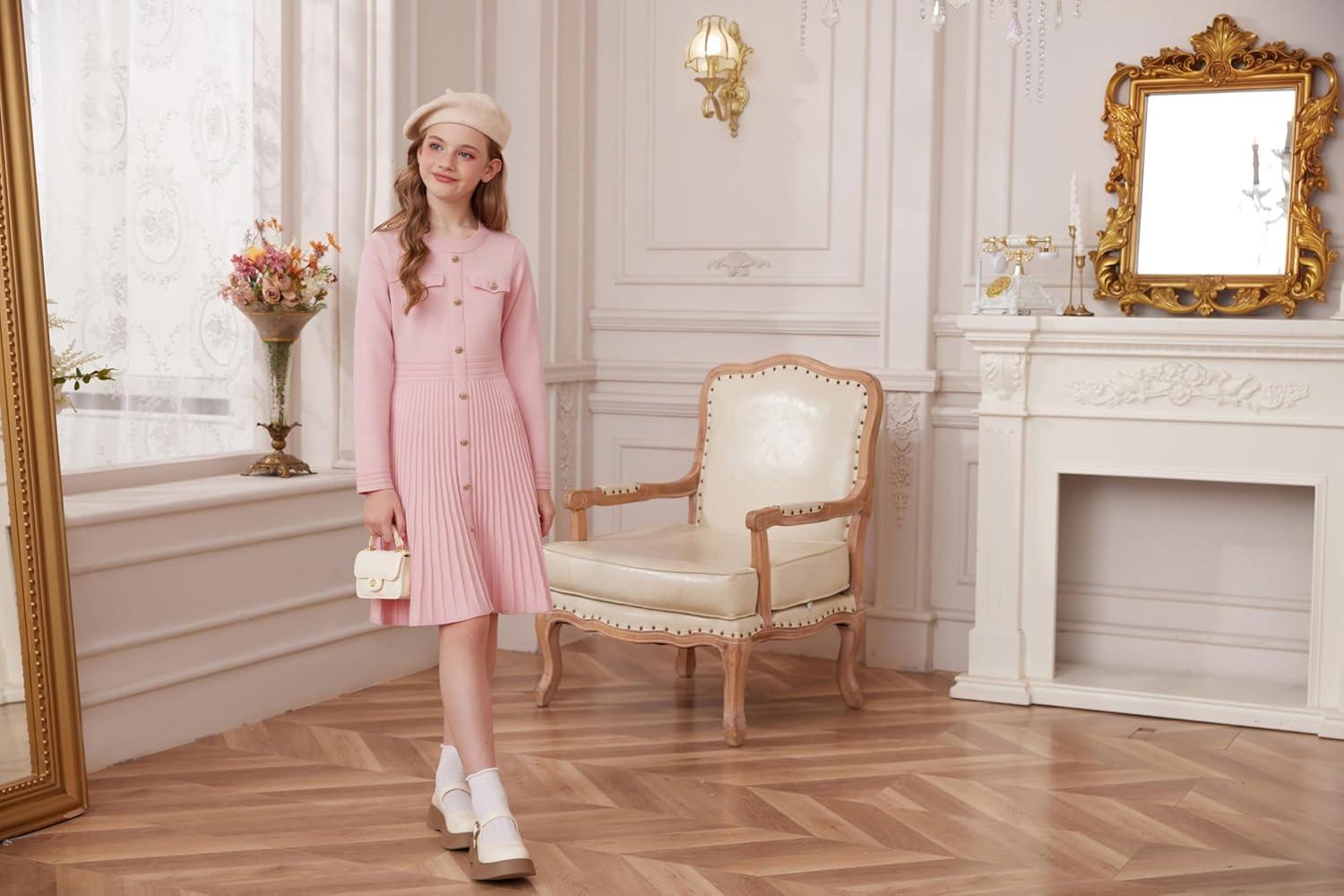 imageGRACE KARIN Girls Sweater Fall Dress Long Sleeve Knit Button Front Pleated ALine Casual Winter Midi Dresses 514YPink