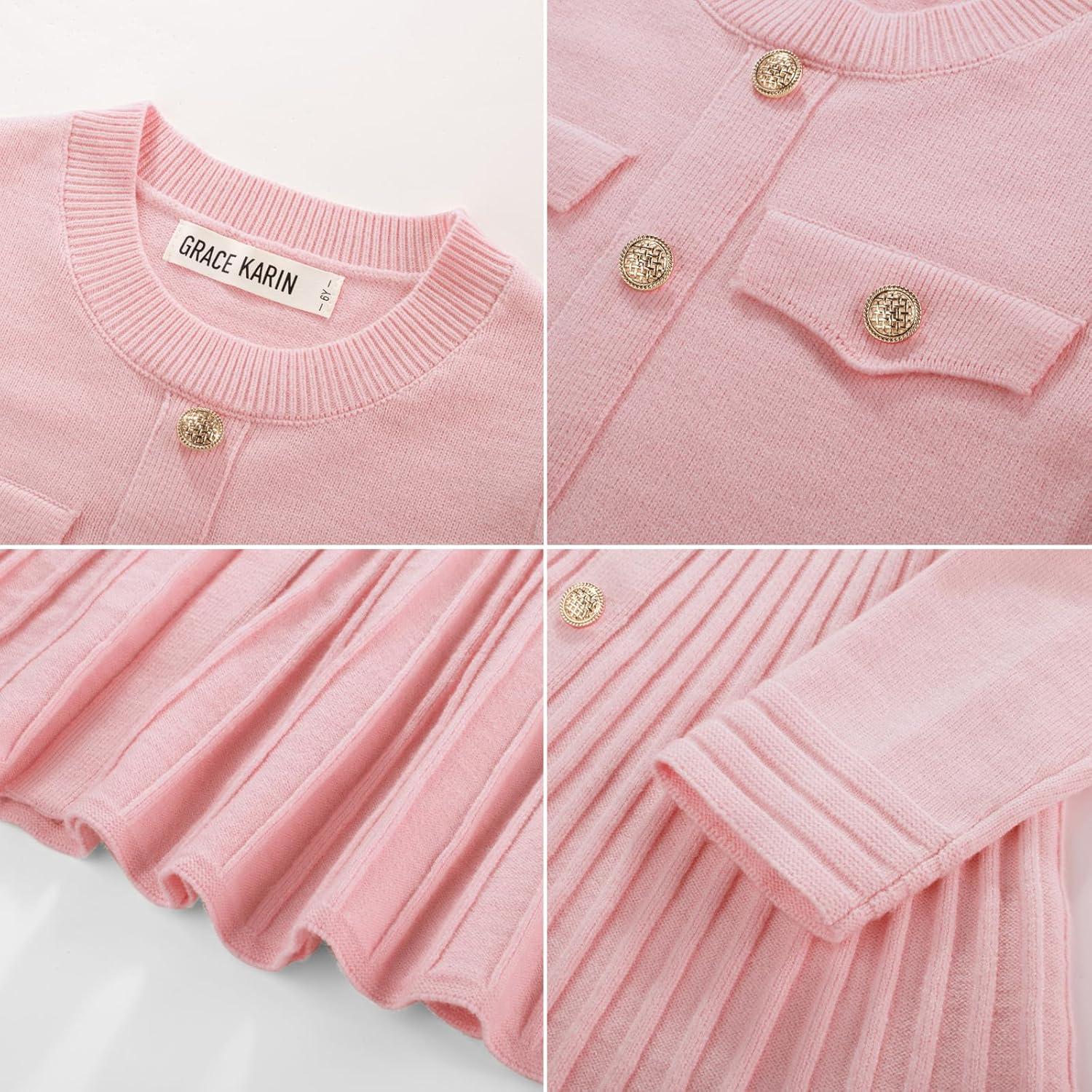 imageGRACE KARIN Girls Sweater Fall Dress Long Sleeve Knit Button Front Pleated ALine Casual Winter Midi Dresses 514YPink