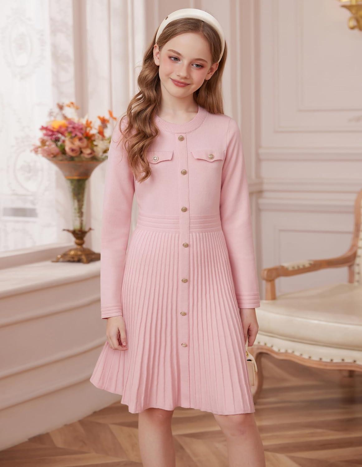 imageGRACE KARIN Girls Sweater Fall Dress Long Sleeve Knit Button Front Pleated ALine Casual Winter Midi Dresses 514YPink