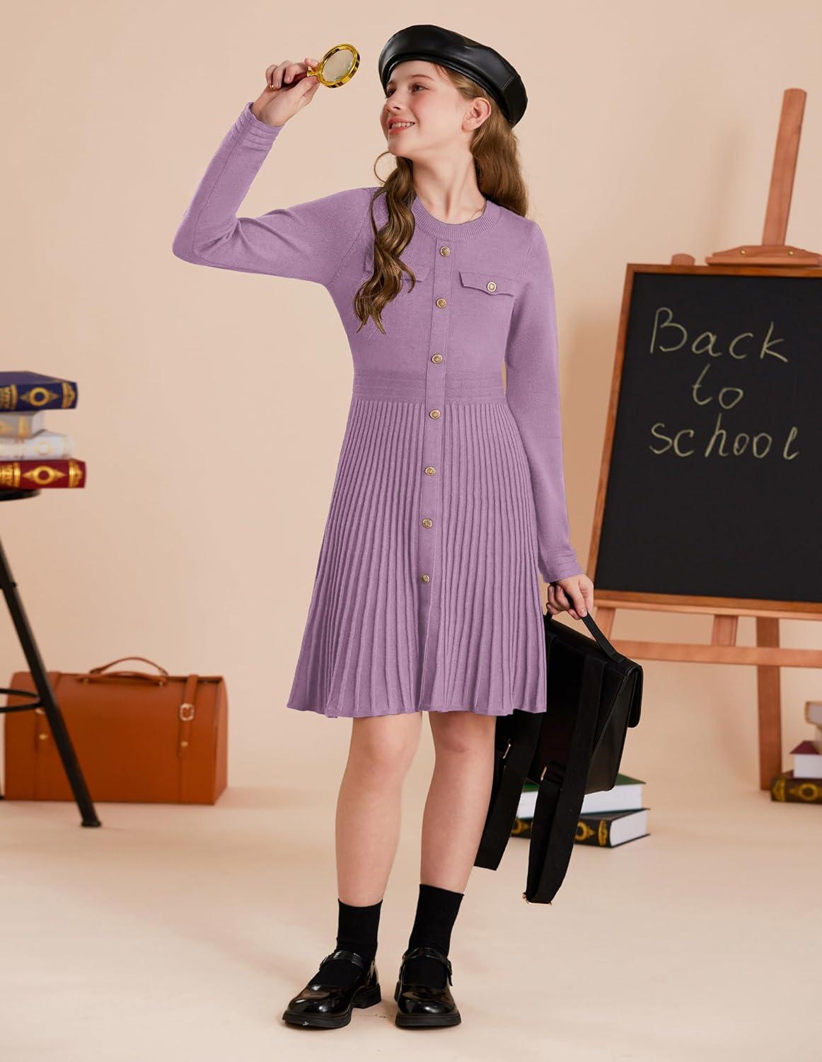 imageGRACE KARIN Girls Sweater Fall Dress Long Sleeve Knit Button Front Pleated ALine Casual Winter Midi Dresses 514YPurple