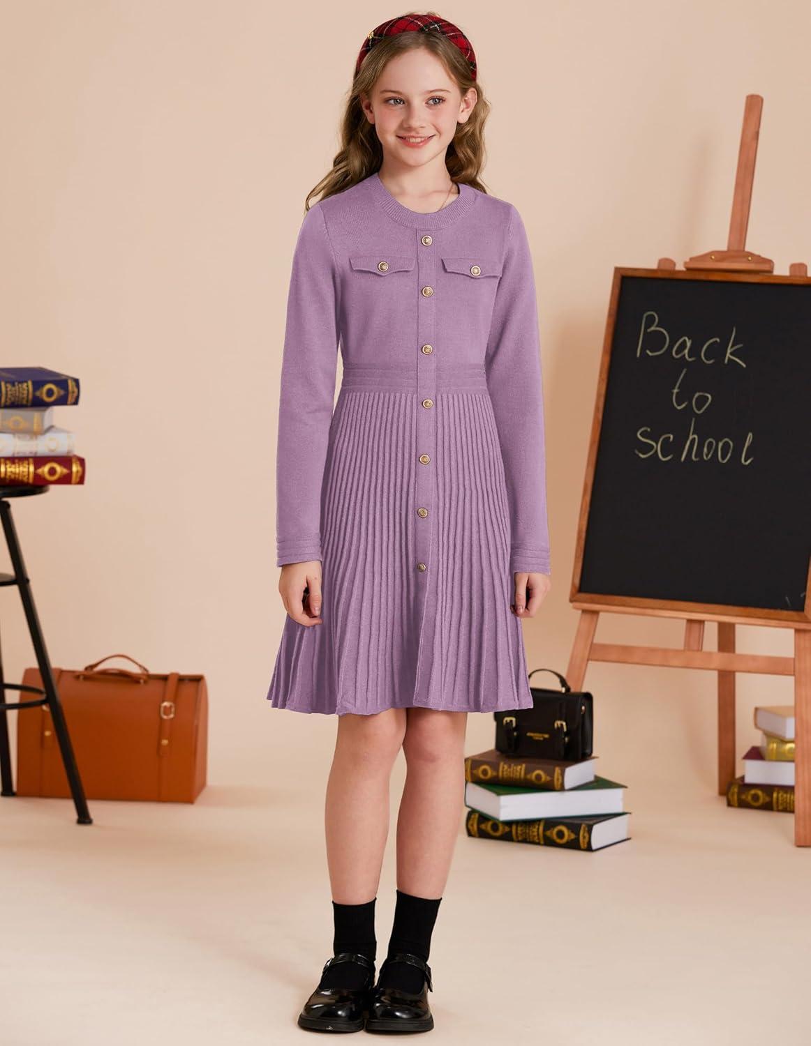 imageGRACE KARIN Girls Sweater Fall Dress Long Sleeve Knit Button Front Pleated ALine Casual Winter Midi Dresses 514YPurple