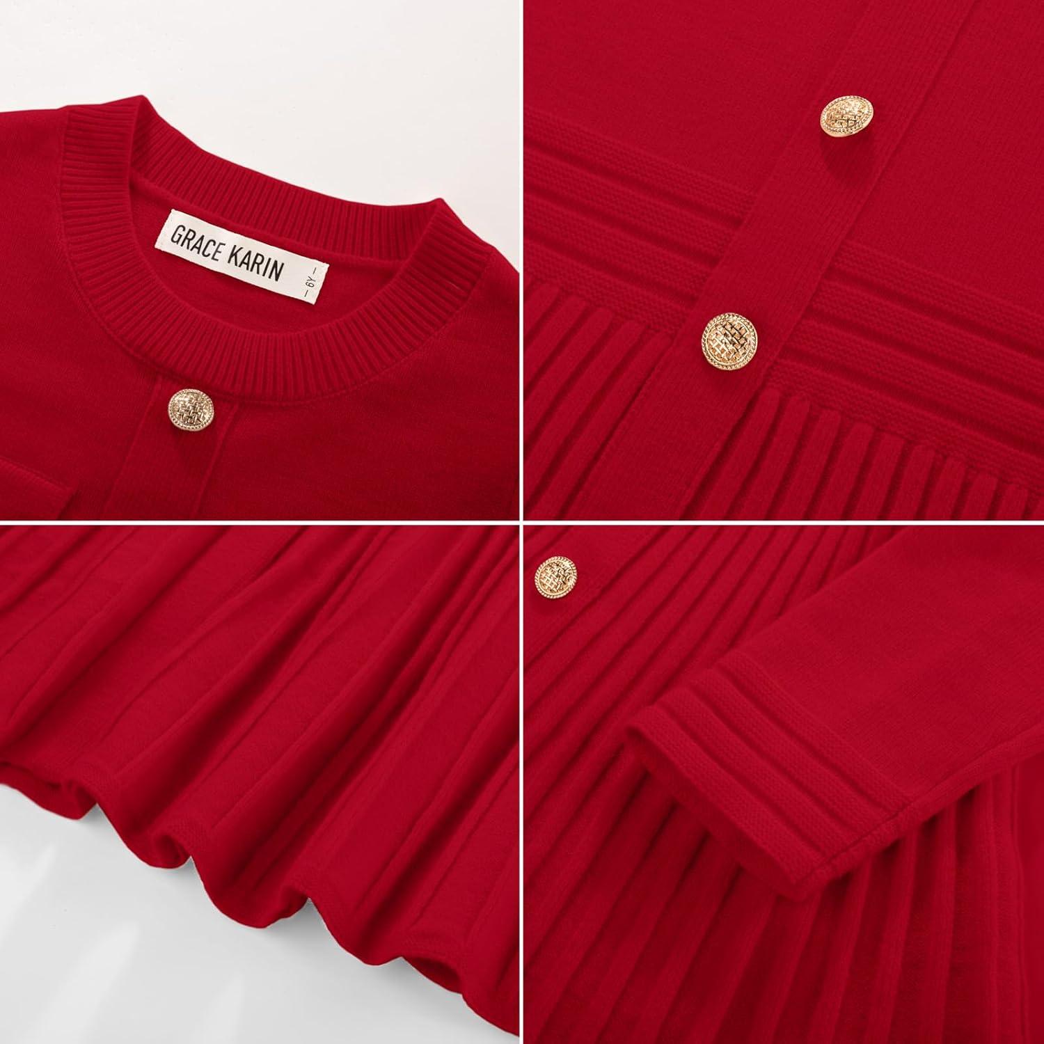 imageGRACE KARIN Girls Sweater Fall Dress Long Sleeve Knit Button Front Pleated ALine Casual Winter Midi Dresses 514YRed