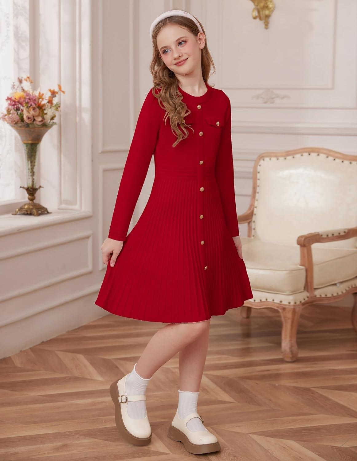 imageGRACE KARIN Girls Sweater Fall Dress Long Sleeve Knit Button Front Pleated ALine Casual Winter Midi Dresses 514YRed