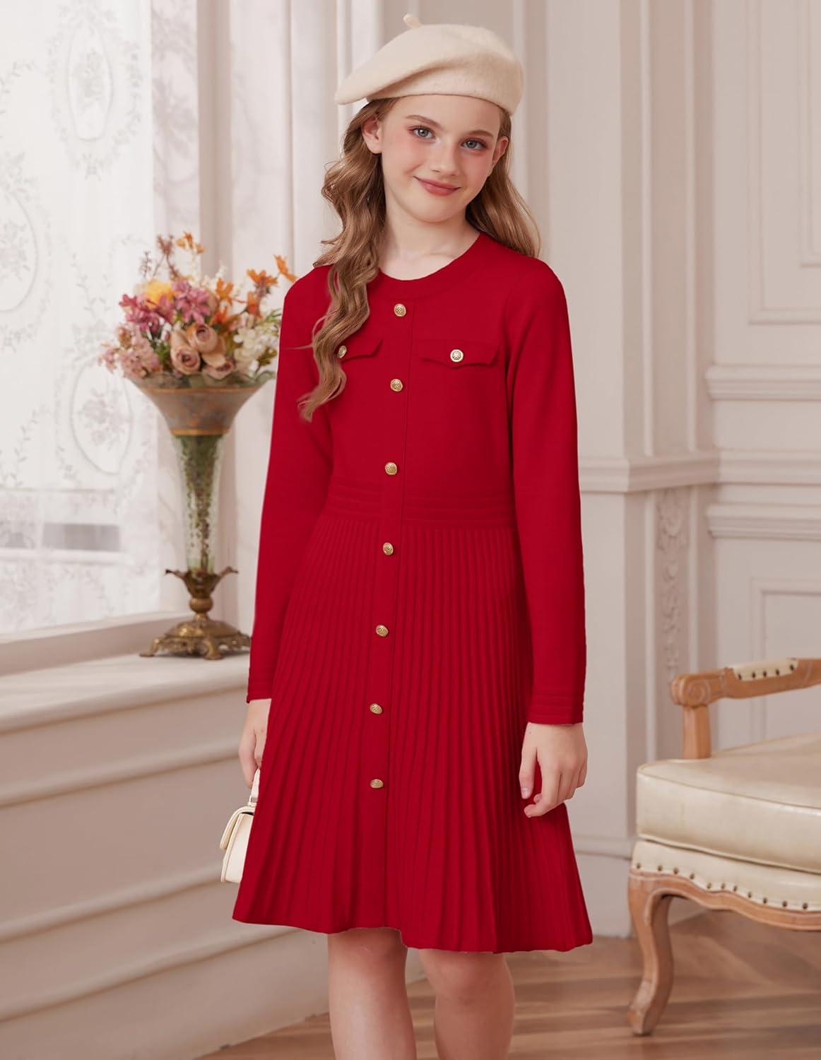 imageGRACE KARIN Girls Sweater Fall Dress Long Sleeve Knit Button Front Pleated ALine Casual Winter Midi Dresses 514YRed