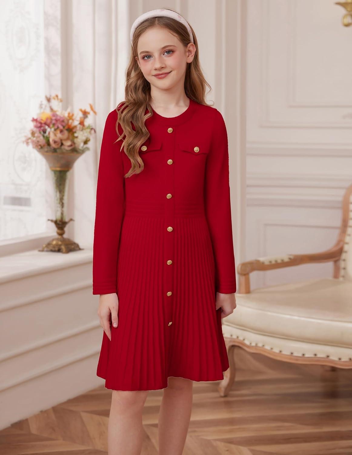 imageGRACE KARIN Girls Sweater Fall Dress Long Sleeve Knit Button Front Pleated ALine Casual Winter Midi Dresses 514YRed