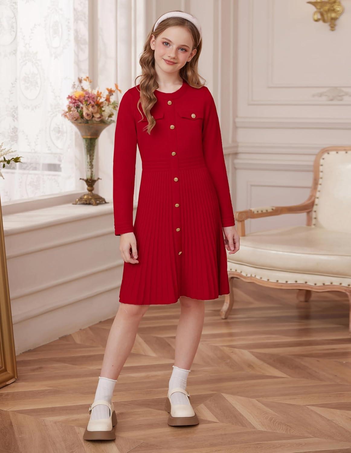 imageGRACE KARIN Girls Sweater Fall Dress Long Sleeve Knit Button Front Pleated ALine Casual Winter Midi Dresses 514YRed