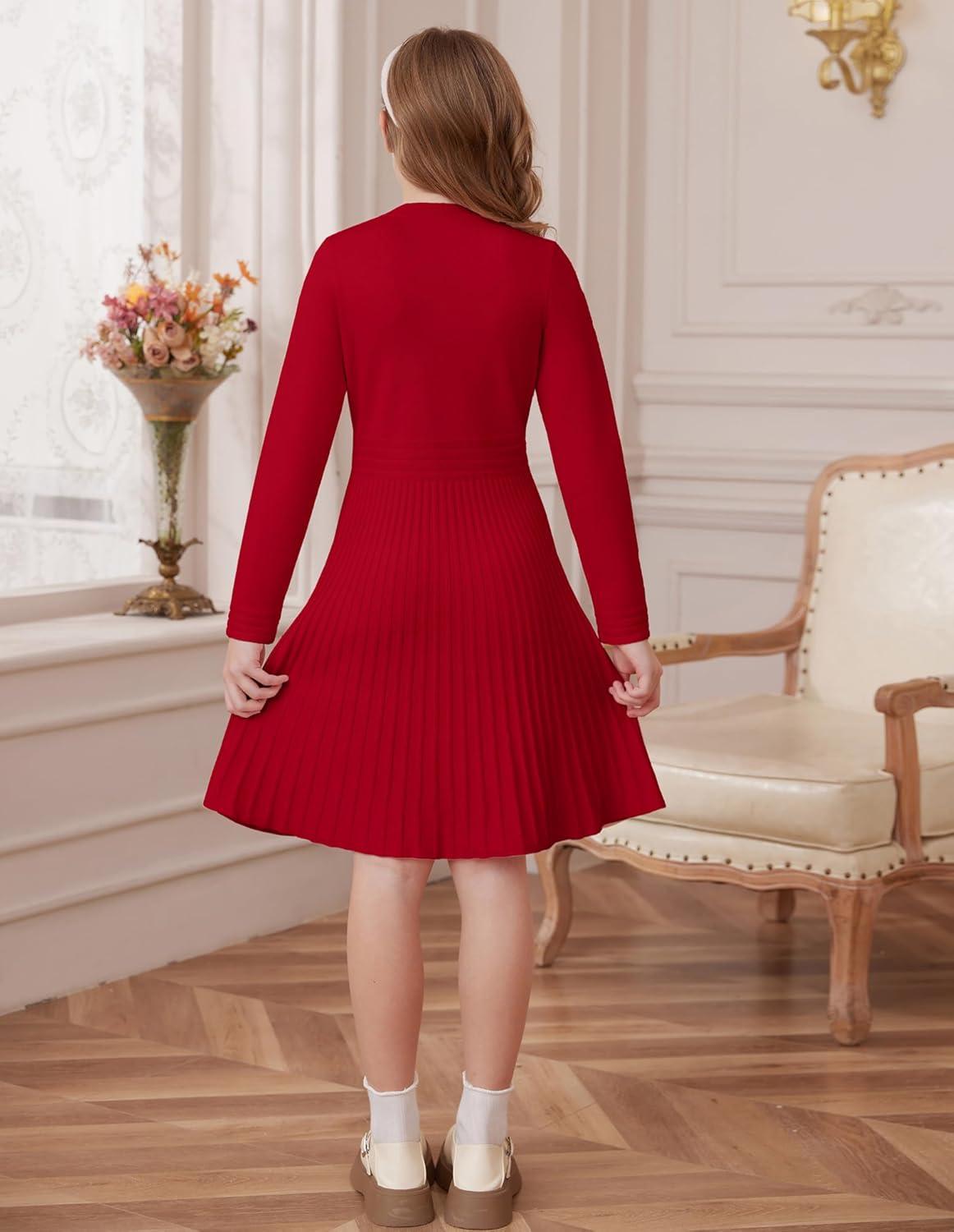 imageGRACE KARIN Girls Sweater Fall Dress Long Sleeve Knit Button Front Pleated ALine Casual Winter Midi Dresses 514YRed