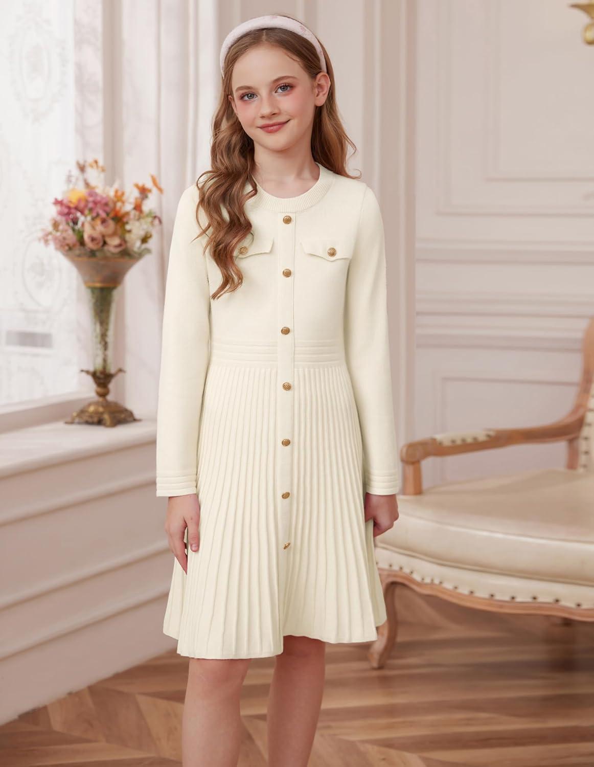imageGRACE KARIN Girls Sweater Fall Dress Long Sleeve Knit Button Front Pleated ALine Casual Winter Midi Dresses 514YWhite