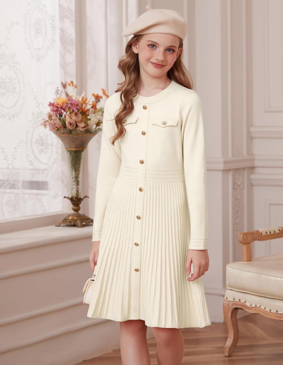 imageGRACE KARIN Girls Sweater Fall Dress Long Sleeve Knit Button Front Pleated ALine Casual Winter Midi Dresses 514YWhite