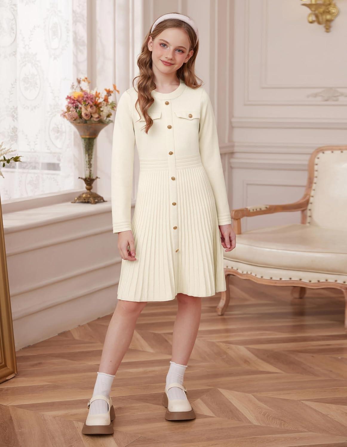 imageGRACE KARIN Girls Sweater Fall Dress Long Sleeve Knit Button Front Pleated ALine Casual Winter Midi Dresses 514YWhite