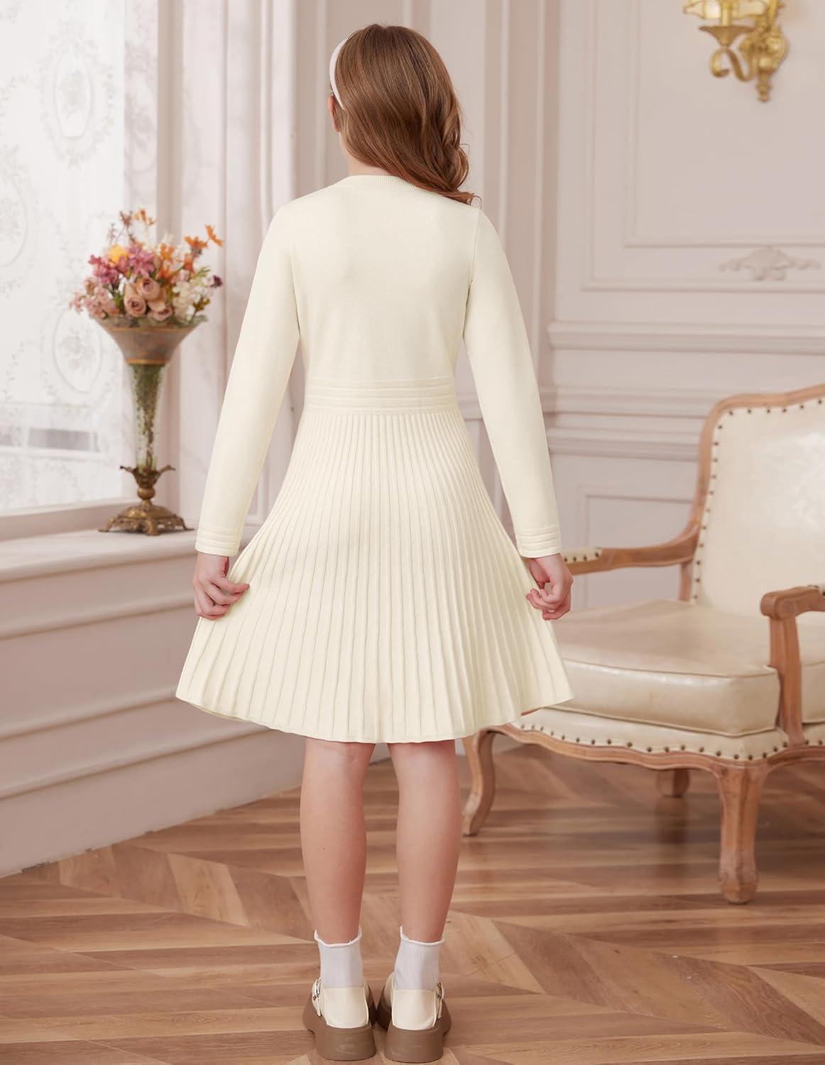 imageGRACE KARIN Girls Sweater Fall Dress Long Sleeve Knit Button Front Pleated ALine Casual Winter Midi Dresses 514YWhite