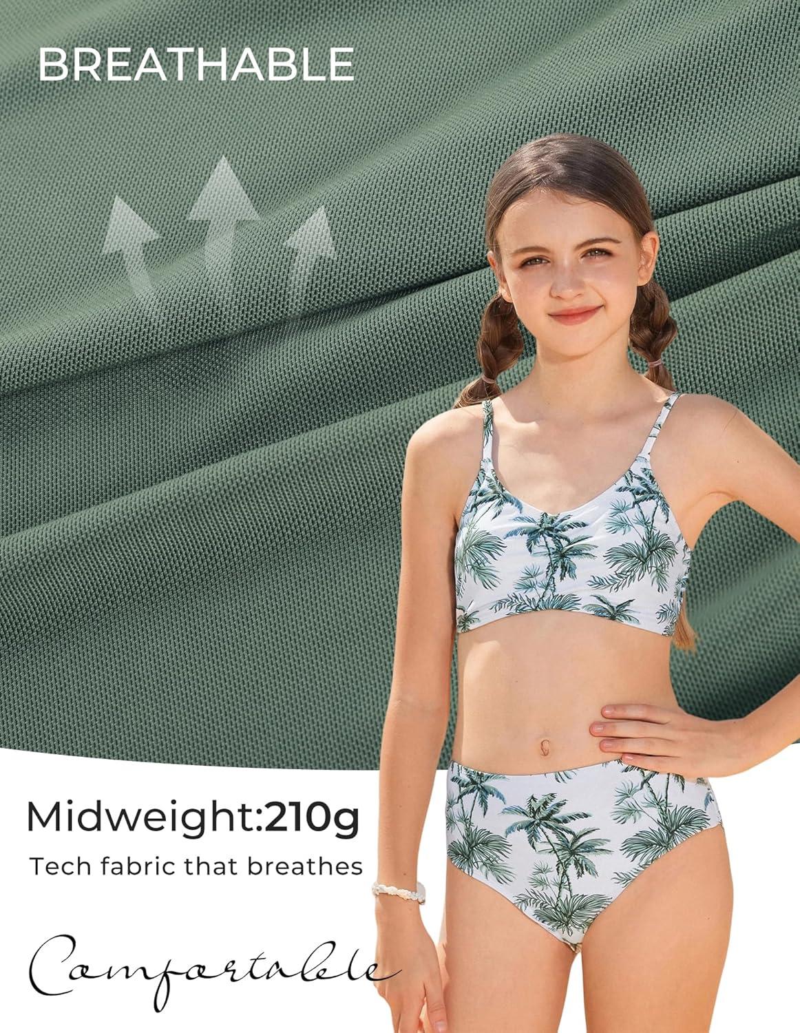 imageGRACE KARIN Girls Swimsuit Bikini Bathing Suit for Teens Ruched Tankini Beach Hawaii Swimwear with Cover Up Skirt 816YGreen Coconut Trees