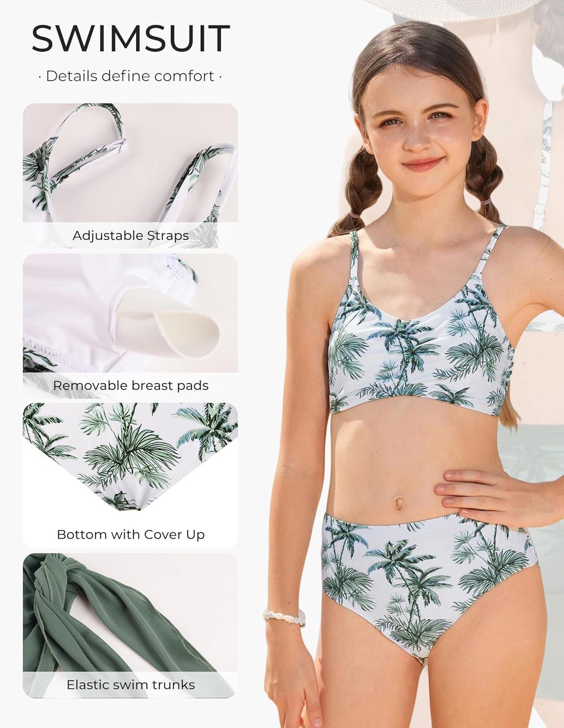 imageGRACE KARIN Girls Swimsuit Bikini Bathing Suit for Teens Ruched Tankini Beach Hawaii Swimwear with Cover Up Skirt 816YGreen Coconut Trees