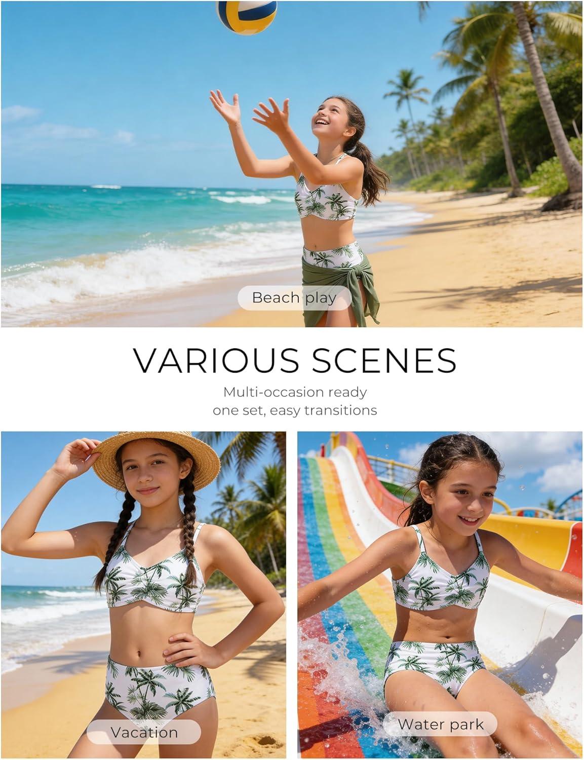 imageGRACE KARIN Girls Swimsuit Bikini Bathing Suit for Teens Ruched Tankini Beach Hawaii Swimwear with Cover Up Skirt 816YGreen Coconut Trees