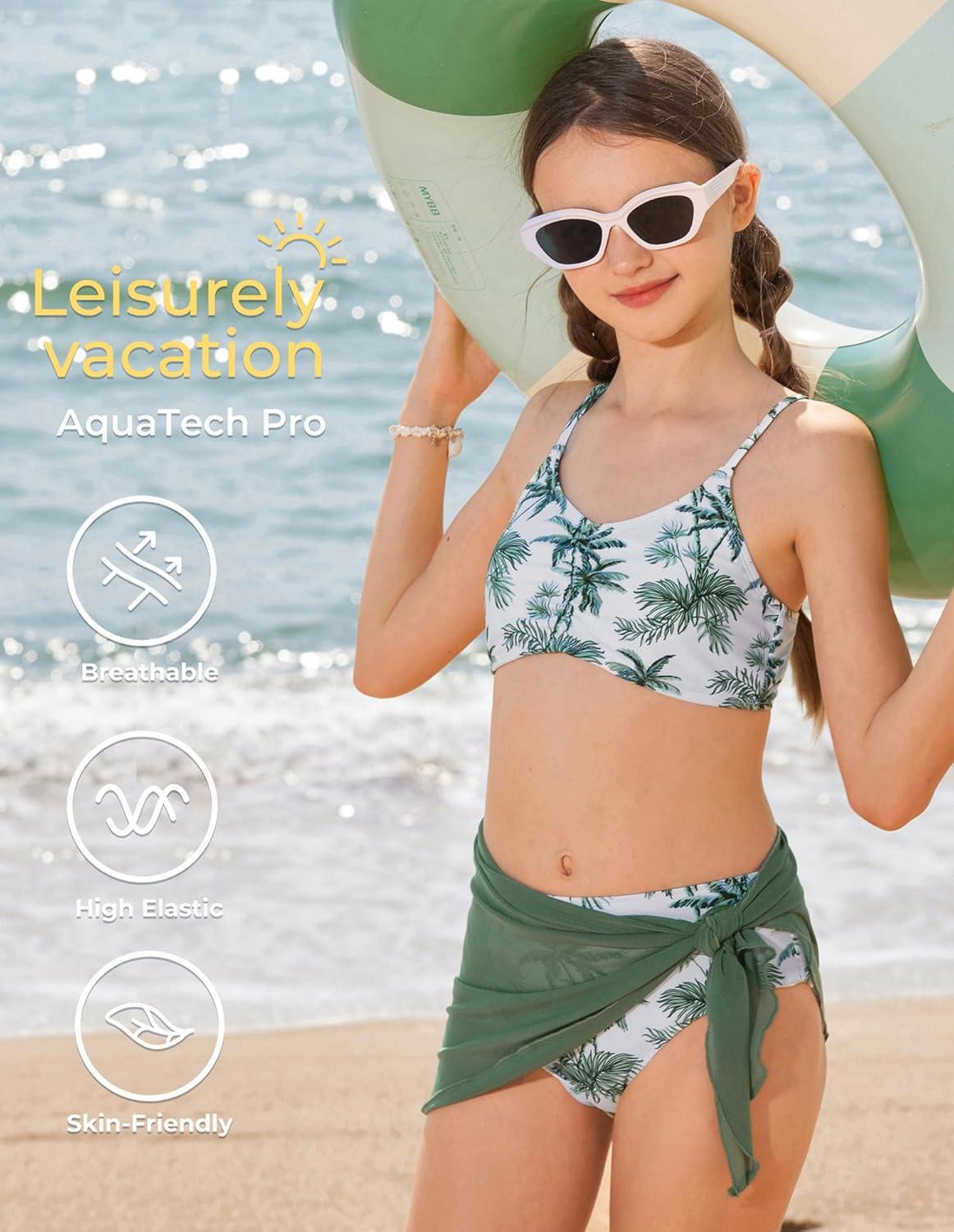 imageGRACE KARIN Girls Swimsuit Bikini Bathing Suit for Teens Ruched Tankini Beach Hawaii Swimwear with Cover Up Skirt 816YGreen Coconut Trees