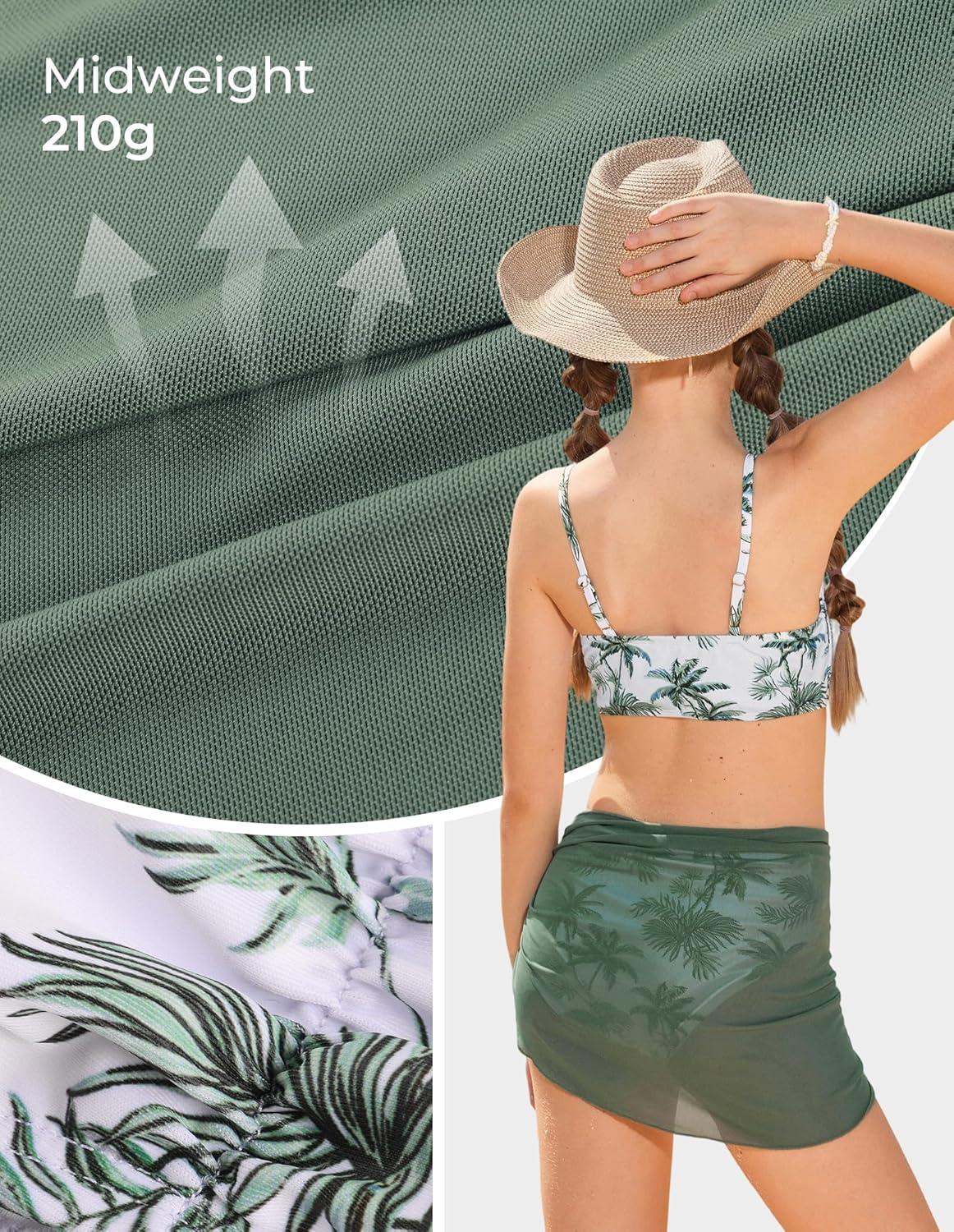 imageGRACE KARIN Girls Swimsuit Bikini Bathing Suit for Teens Ruched Tankini Beach Hawaii Swimwear with Cover Up Skirt 816YGreen Coconut Trees