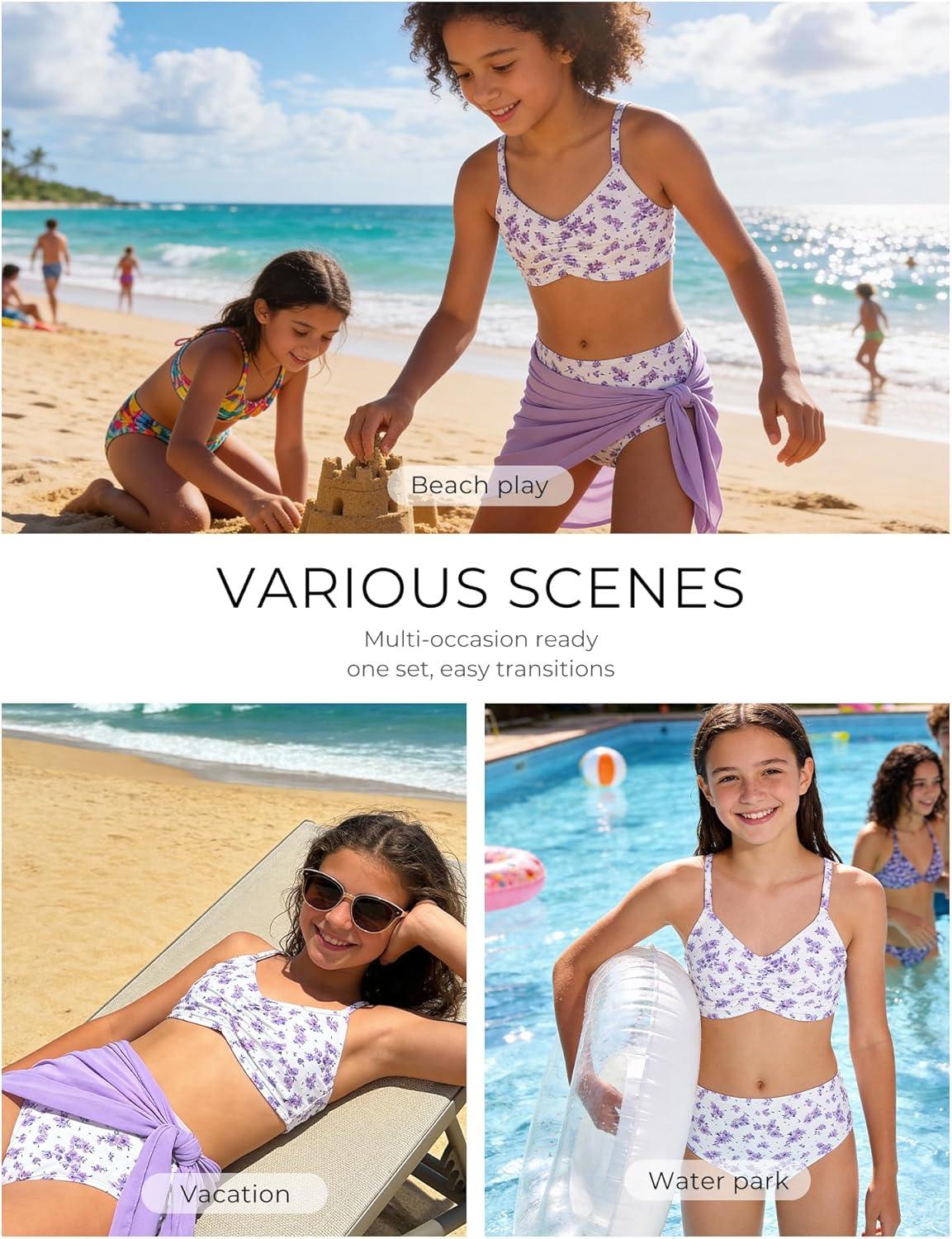 imageGRACE KARIN Girls Swimsuit Bikini Bathing Suit for Teens Ruched Tankini Beach Hawaii Swimwear with Cover Up Skirt 816YPurple Floral