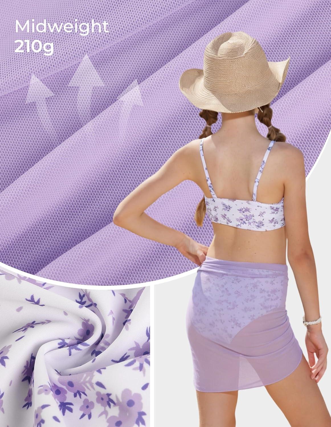 imageGRACE KARIN Girls Swimsuit Bikini Bathing Suit for Teens Ruched Tankini Beach Hawaii Swimwear with Cover Up Skirt 816YPurple Floral
