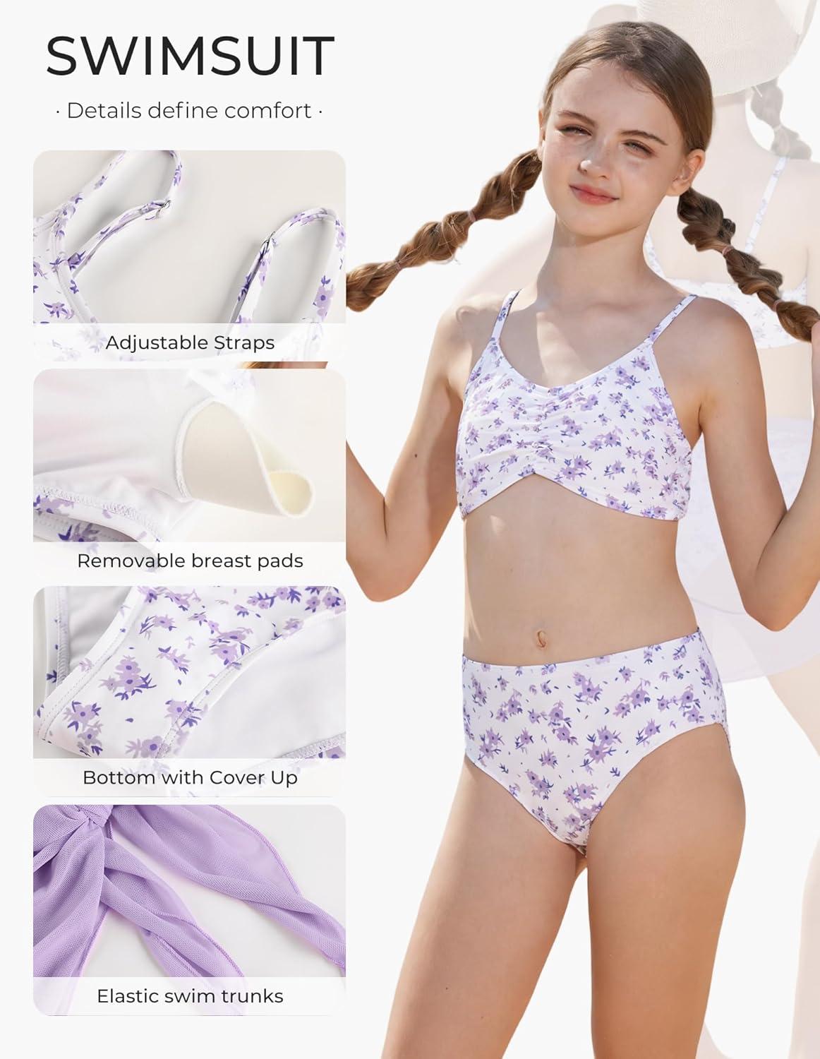 imageGRACE KARIN Girls Swimsuit Bikini Bathing Suit for Teens Ruched Tankini Beach Hawaii Swimwear with Cover Up Skirt 816YPurple Floral