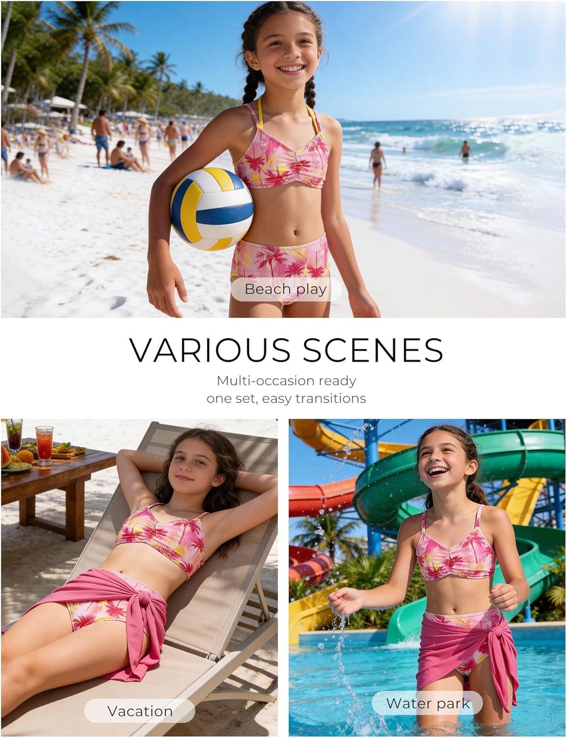 imageGRACE KARIN Girls Swimsuit Bikini Bathing Suit for Teens Ruched Tankini Beach Hawaii Swimwear with Cover Up Skirt 816YRose Red Coconut