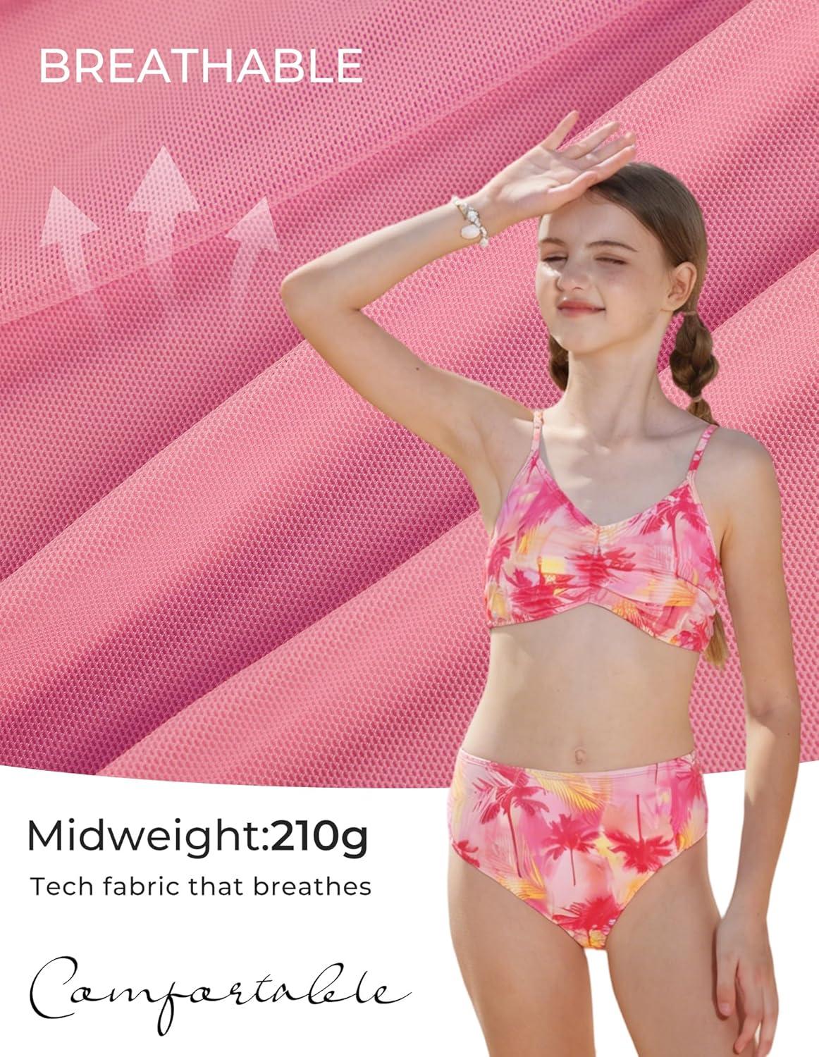 imageGRACE KARIN Girls Swimsuit Bikini Bathing Suit for Teens Ruched Tankini Beach Hawaii Swimwear with Cover Up Skirt 816YRose Red Coconut